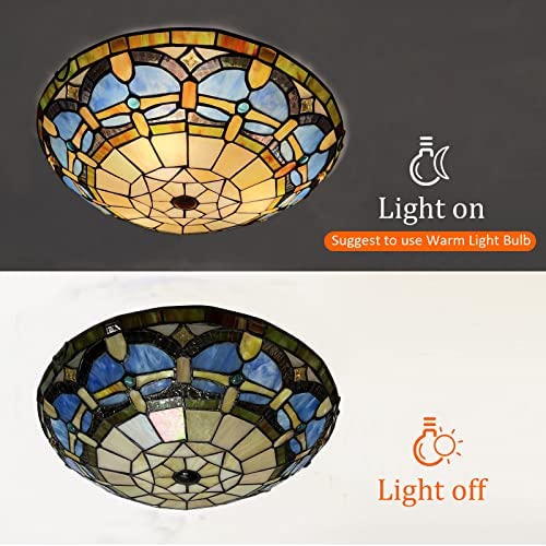 ARTZONE Tiffany Ceiling Lights, Stained Glass Ceiling Light 3-Lights 16 Inch Tiffany Flush Mount Ceiling Light Fixture for Bedroom Dining Living Room Entryway Foyer(Amber Blue) - Image 4