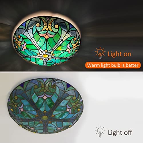 ARTZONE Tiffany Ceiling Lights, Stained Glass Ceiling Light 3-Lights 16 Inch Tiffany Flush Mount Ceiling Light Fixture for Bedroom Dining Living Room Entryway Foyer(Green Victoria) - Image 3