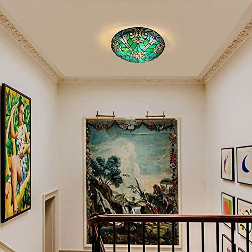 ARTZONE Tiffany Ceiling Lights, Stained Glass Ceiling Light 3-Lights 16 Inch Tiffany Flush Mount Ceiling Light Fixture for Bedroom Dining Living Room Entryway Foyer(Green Victoria) - Image 4