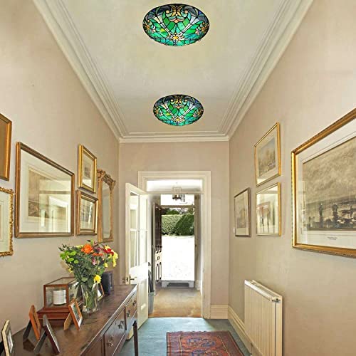 ARTZONE Tiffany Ceiling Lights, Stained Glass Ceiling Light 3-Lights 16 Inch Tiffany Flush Mount Ceiling Light Fixture for Bedroom Dining Living Room Entryway Foyer(Green Victoria) - Image 5