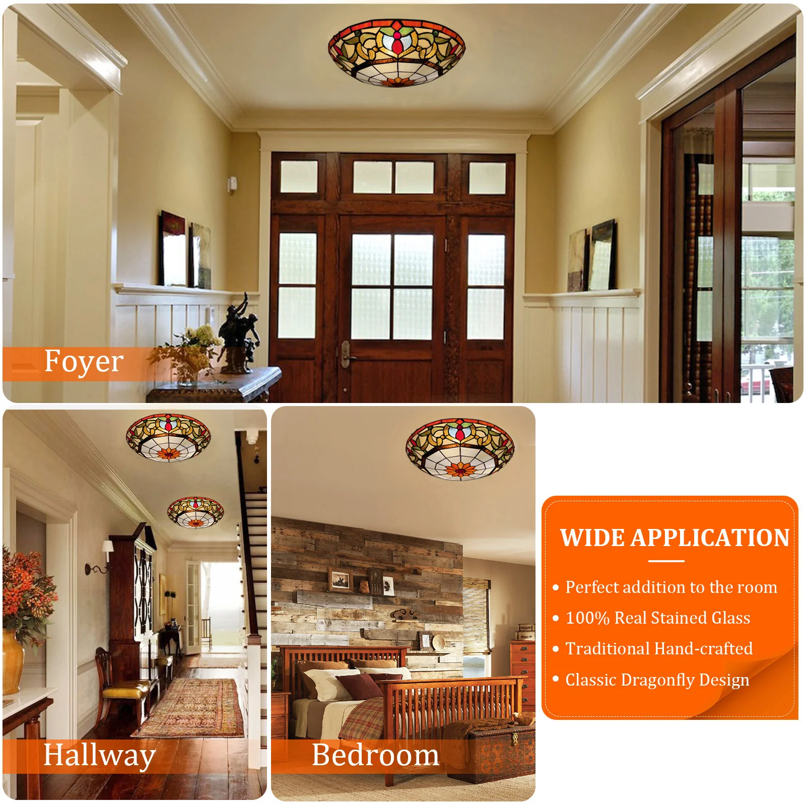 ARTZONE Tiffany Ceiling Lights, Stained Glass Ceiling Light 3-Lights 16 Inch Tiffany Flush Mount Ceiling Light Fixture for Bedroom Dining Living Room Entryway Foyer(Orange-Red) - Image 3