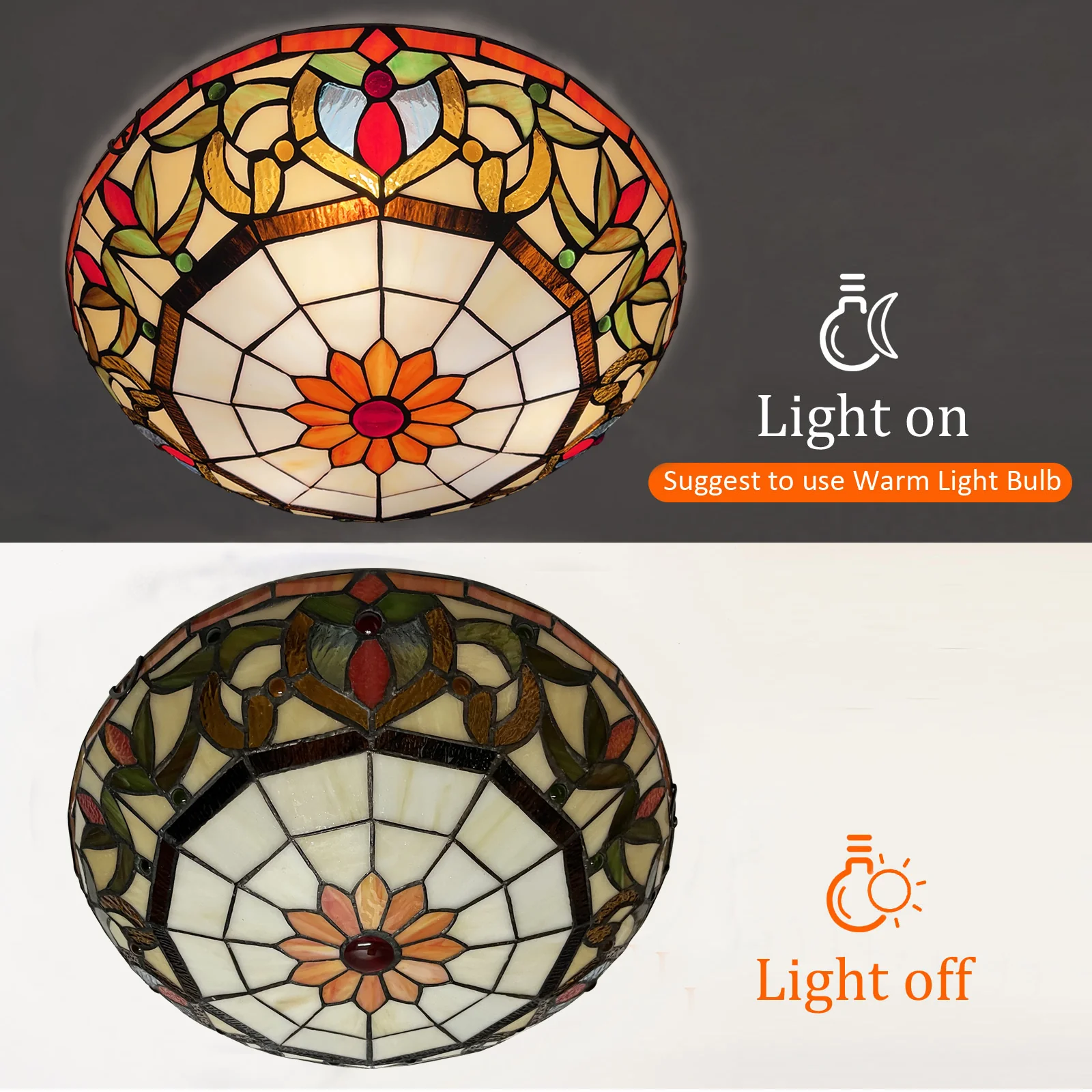 ARTZONE Tiffany Ceiling Lights, Stained Glass Ceiling Light 3-Lights 16 Inch Tiffany Flush Mount Ceiling Light Fixture for Bedroom Dining Living Room Entryway Foyer(Orange-Red) - Image 6