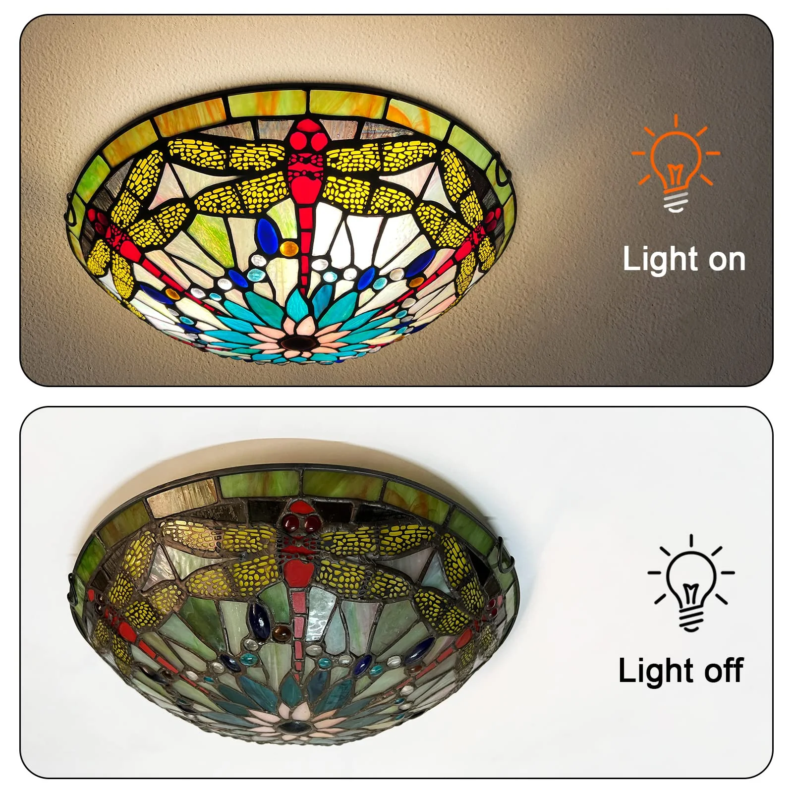 ARTZONE Tiffany Ceiling Lights, Stained Glass Ceiling Light 3-Lights 16 Inch Tiffany Flush Mount Ceiling Light for Bedroom Dining Living Room Entryway Foyer - Image 3