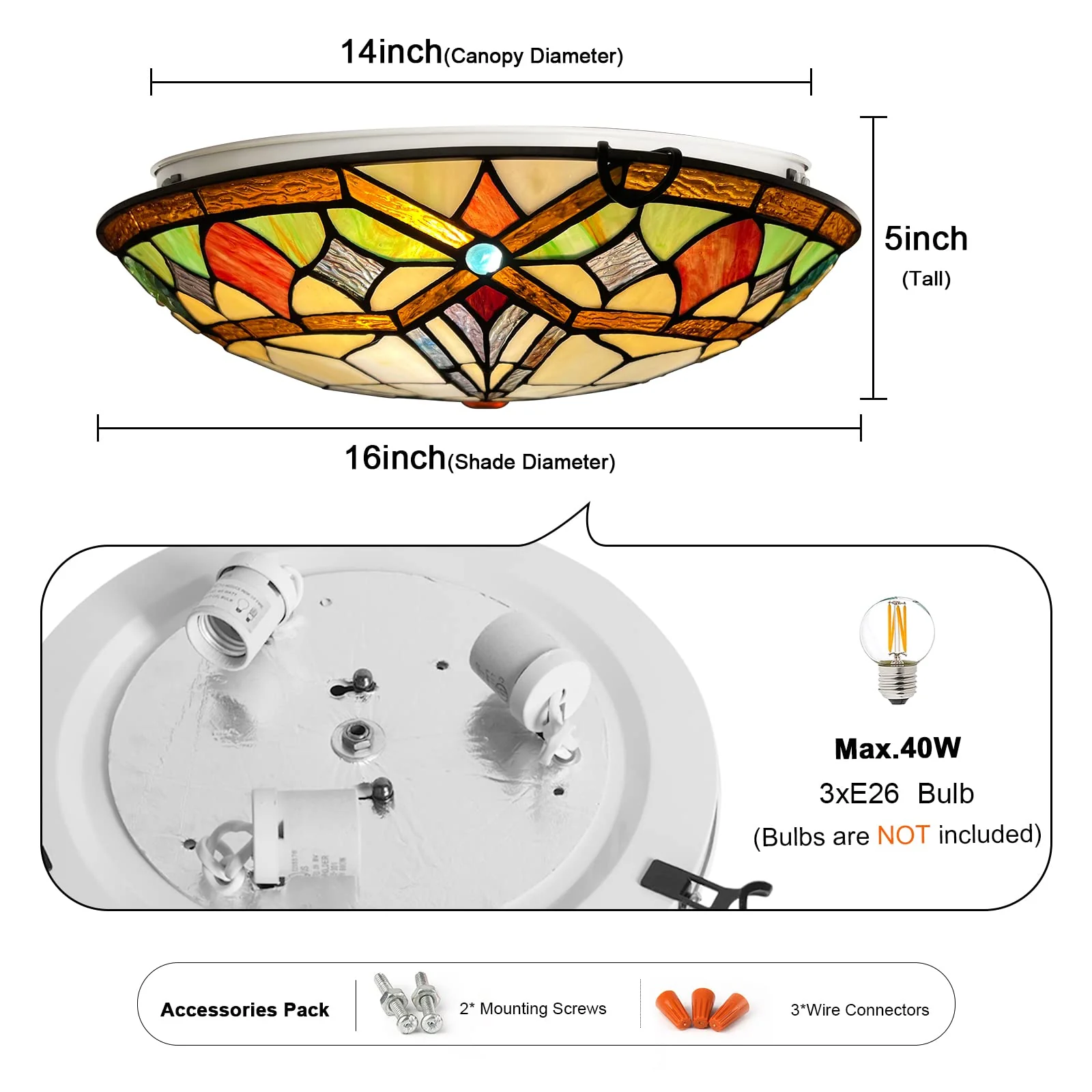 ARTZONE Tiffany Ceiling Lights, Stained Glass Ceiling Light 3-Lights 16 Inch Tiffany Flush Mount Ceiling Light for Bedroom Dining Living Room Entryway Foyer - Image 4