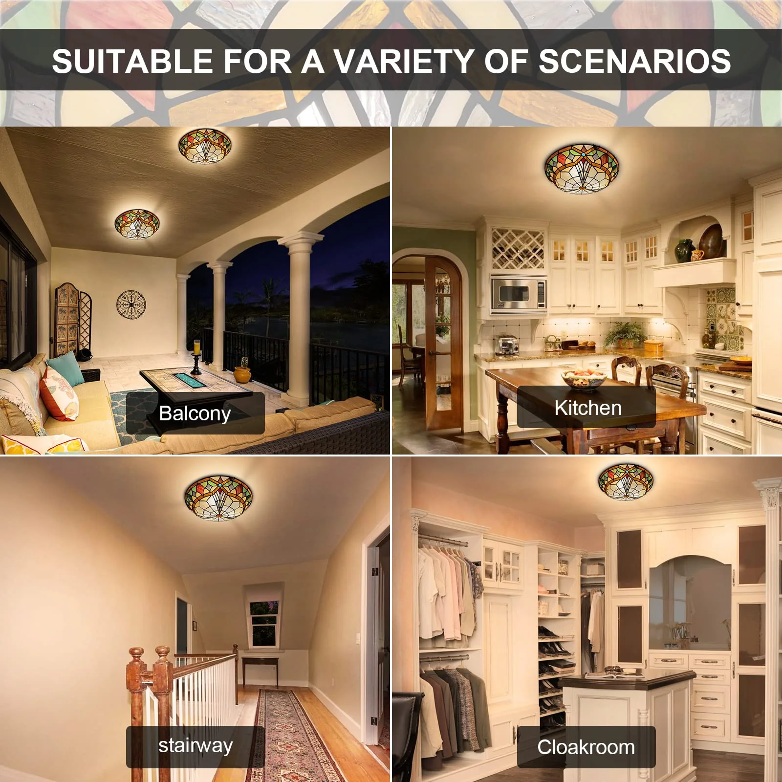 ARTZONE Tiffany Ceiling Lights, Stained Glass Ceiling Light 3-Lights 16 Inch Tiffany Flush Mount Ceiling Light for Bedroom Dining Living Room Entryway Foyer - Image 6