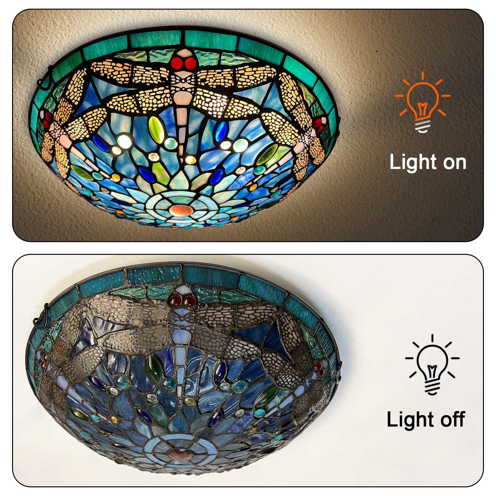 ARTZONE Tiffany Ceiling Lights, Stained Glass Ceiling Light 3-Lights 16 Inch Tiffany Flush Mount Ceiling Light for Bedroom Dining Living Room Entryway Foyer - Image 3