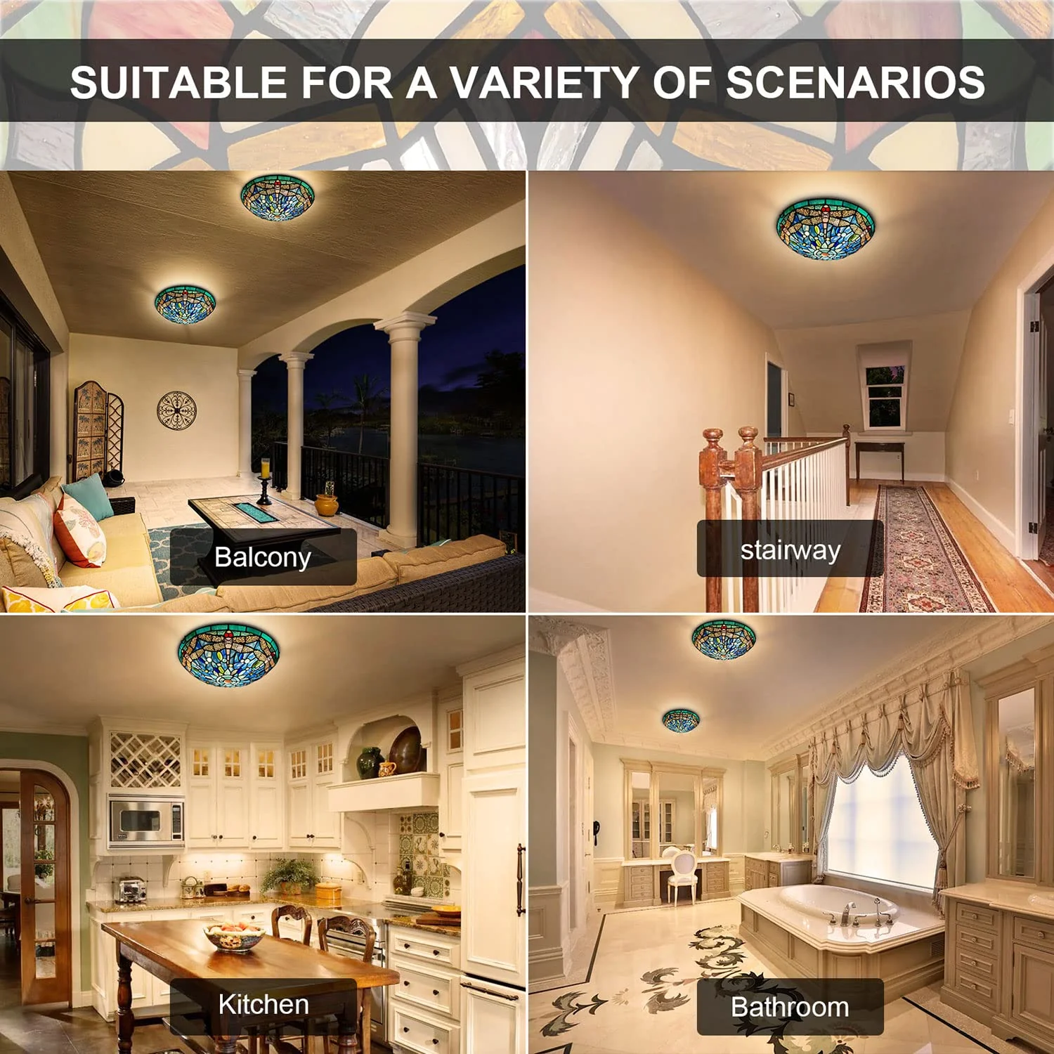 ARTZONE Tiffany Ceiling Lights, Stained Glass Ceiling Light 3-Lights 16 Inch Tiffany Flush Mount Ceiling Light for Bedroom Dining Living Room Entryway Foyer - Image 4