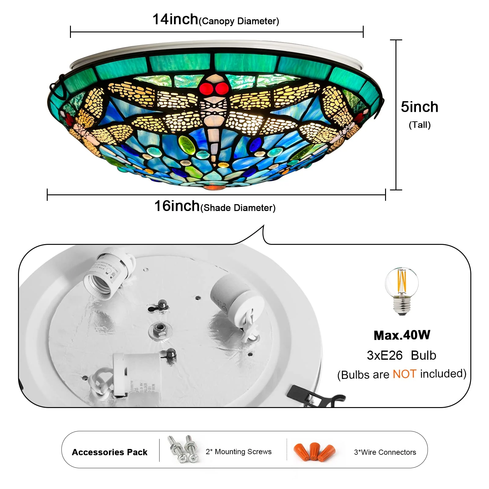 ARTZONE Tiffany Ceiling Lights, Stained Glass Ceiling Light 3-Lights 16 Inch Tiffany Flush Mount Ceiling Light for Bedroom Dining Living Room Entryway Foyer - Image 5