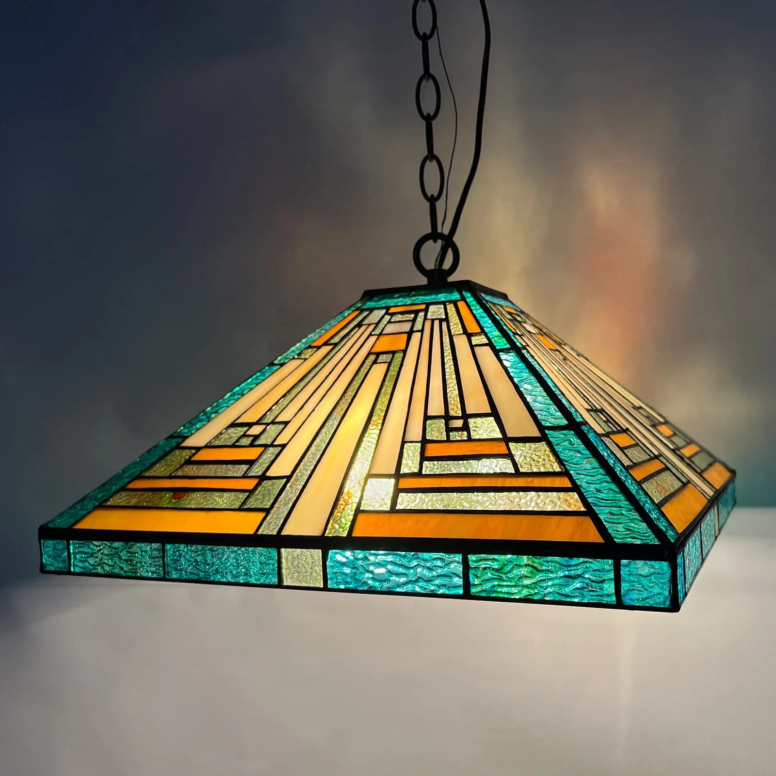 ARTZONE Tiffany Pendant Light Fixture[16''Wide*Adjustable Height] Antique Stained Glass Hanging Chandelier Tiffany Pendant Light for Kitchen Island Dining Room(Amber Green) - Image 3