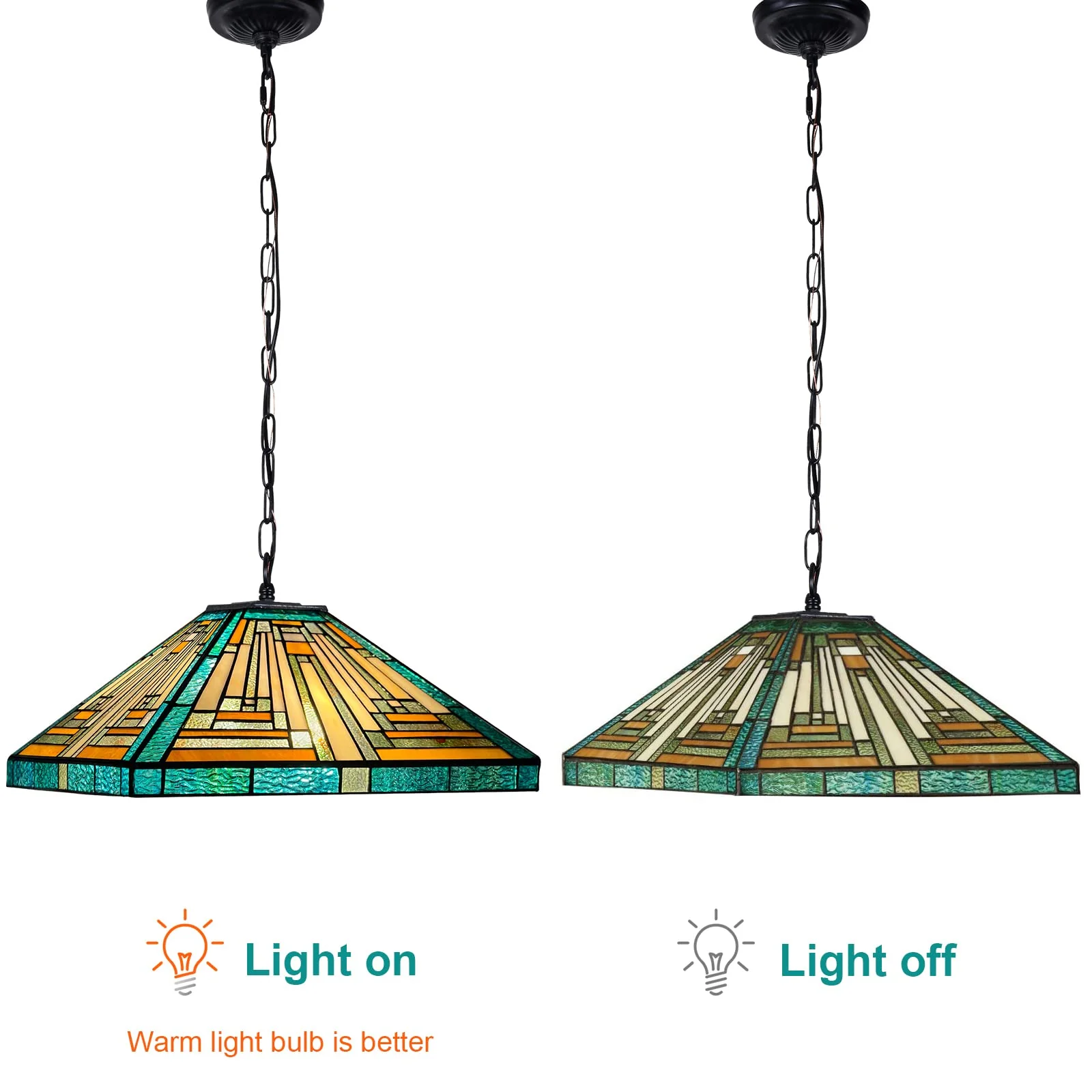 ARTZONE Tiffany Pendant Light Fixture[16''Wide*Adjustable Height] Antique Stained Glass Hanging Chandelier Tiffany Pendant Light for Kitchen Island Dining Room(Amber Green) - Image 4