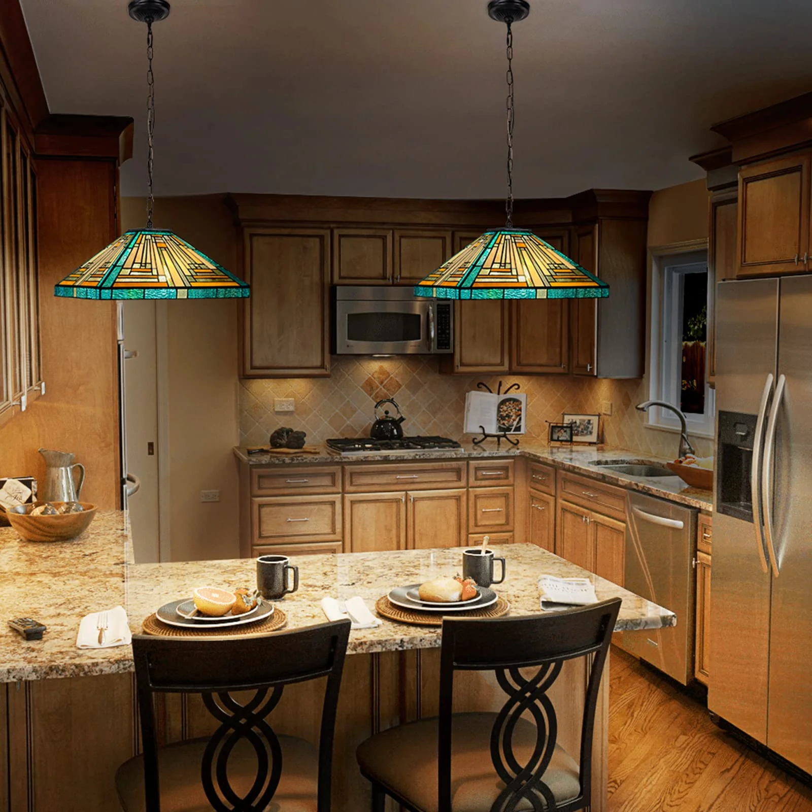 ARTZONE Tiffany Pendant Light Fixture[16''Wide*Adjustable Height] Antique Stained Glass Hanging Chandelier Tiffany Pendant Light for Kitchen Island Dining Room(Amber Green) - Image 7