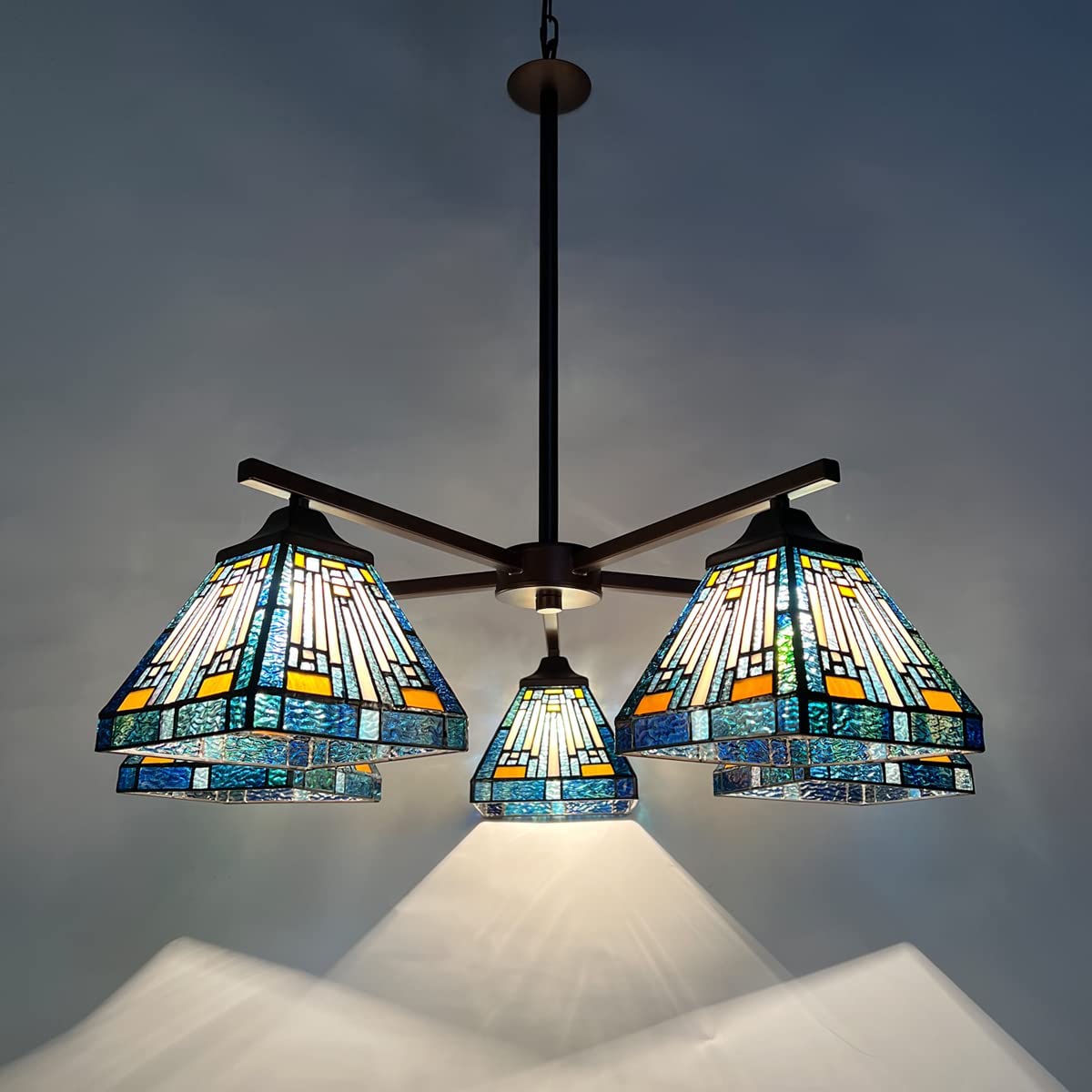 ARTZONE Tiffany Pendant Light Fixture[5 Lights][32''Wide*Adjustable Height] Antique Stained Glass Hanging Chandelier Tiffany Pendant Light for Kitchen Island Dining Room(Amber Blue) - Image 6