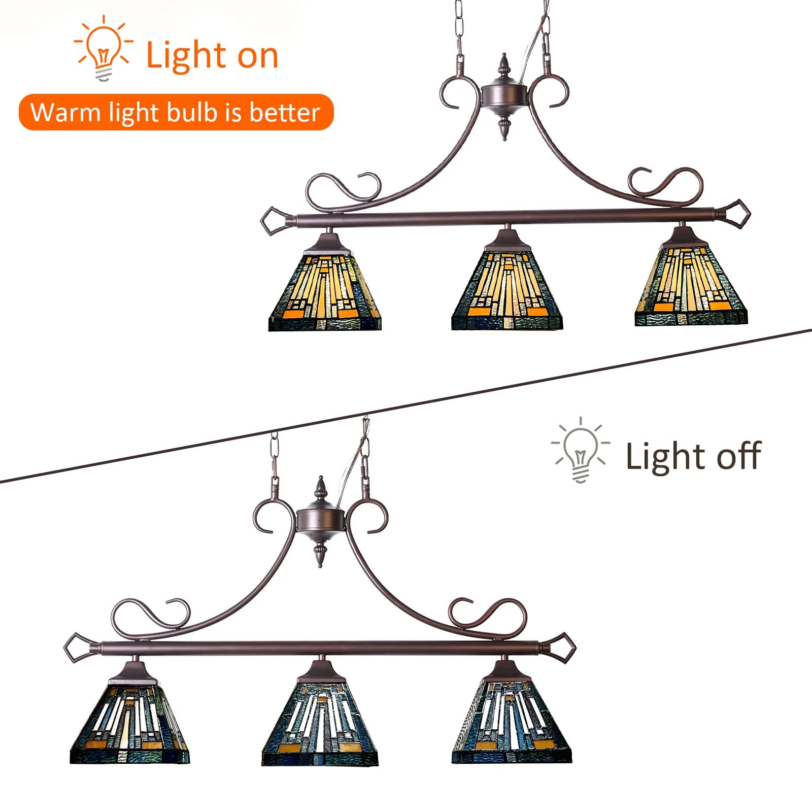 ARTZONE Tiffany Pendant Light Pool Table Light[3 Lights][33''Wide*Adjustable Height] Antique Stained Glass Chandelier Tiffany Pendant Light for Kitchen Island Dining Room/Billiard Room Light - Image 5