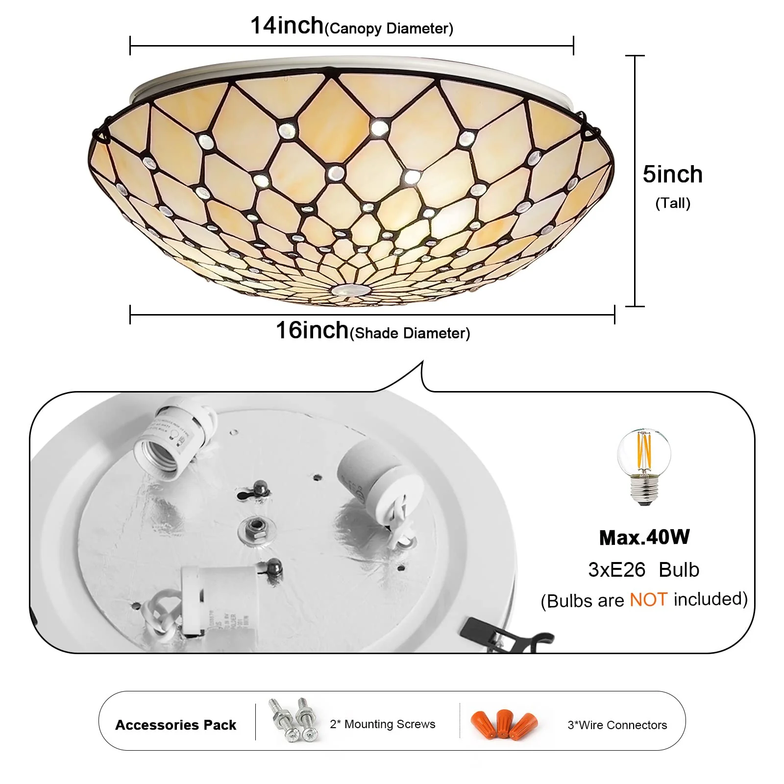 Tiffany Ceiling Light Flush Mount, 16 Inch Wide Stained Glass Ceiling Light for Bedroom,Living Room, Entryway,Foyer,3-Light… - Image 3