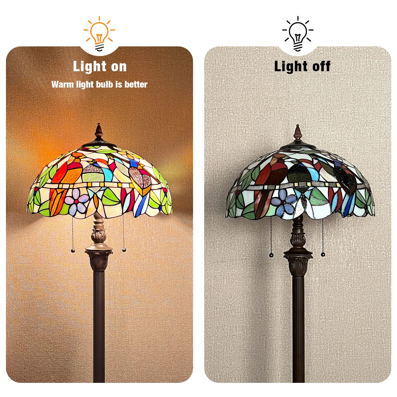 Capulina Tiffany Floor Lamp 2-Light 16X16X66 Inches Cardinal Birds Style Stained Glass Standing Reading Light for Living Room Bedroom Office - Image 6