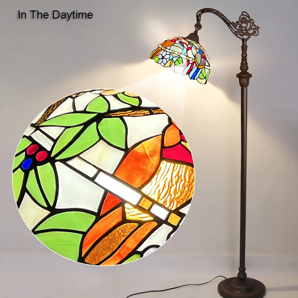 Capulina Tiffany Floor Lamp H62 Tall Antique Cardinal Birds Style Stained Glass Soft Light Arched Gooseneck Adjustable Angle Reading Floor Lamp for Living Room Bedroom - Image 3