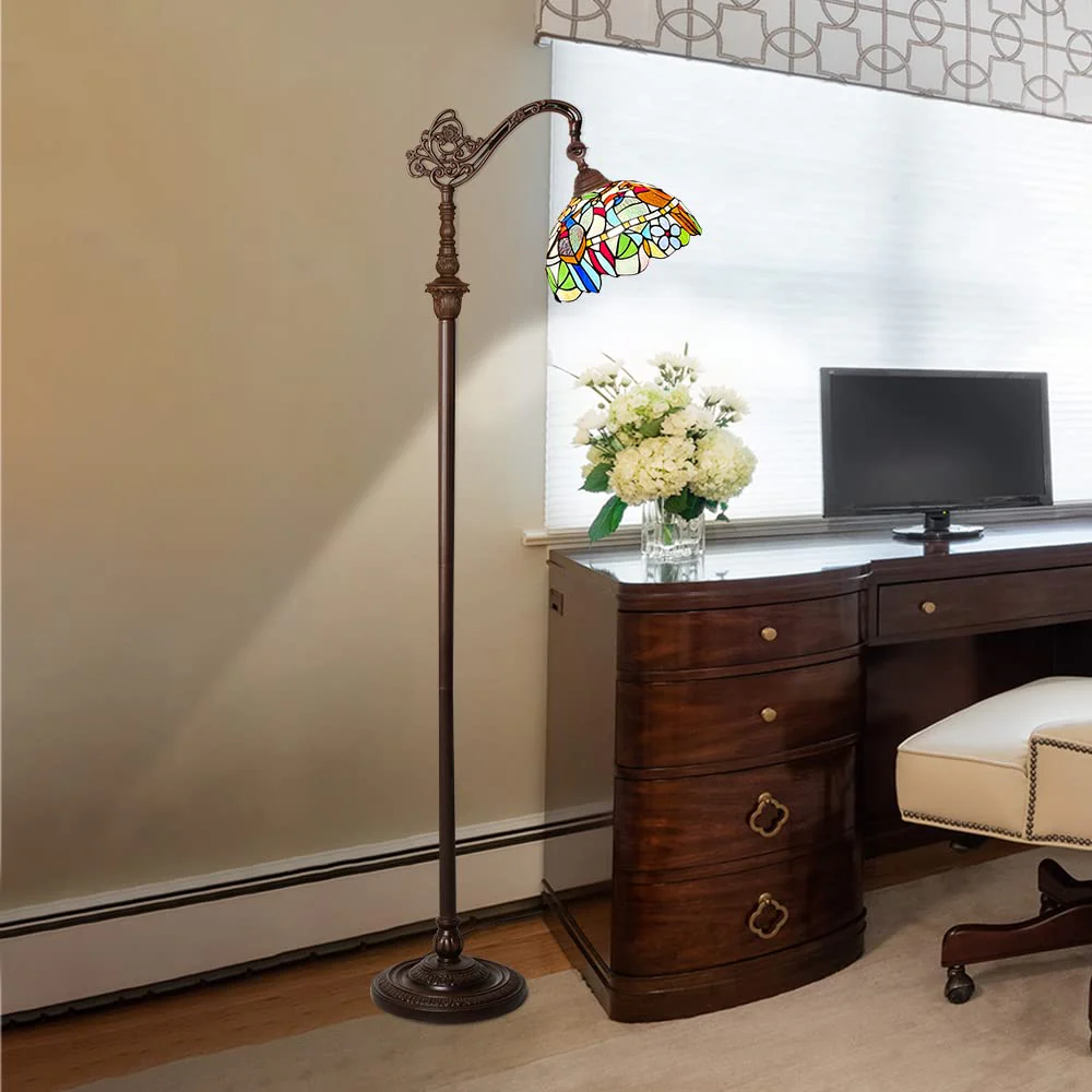 Capulina Tiffany Floor Lamp H62 Tall Antique Cardinal Birds Style Stained Glass Soft Light Arched Gooseneck Adjustable Angle Reading Floor Lamp for Living Room Bedroom - Image 4