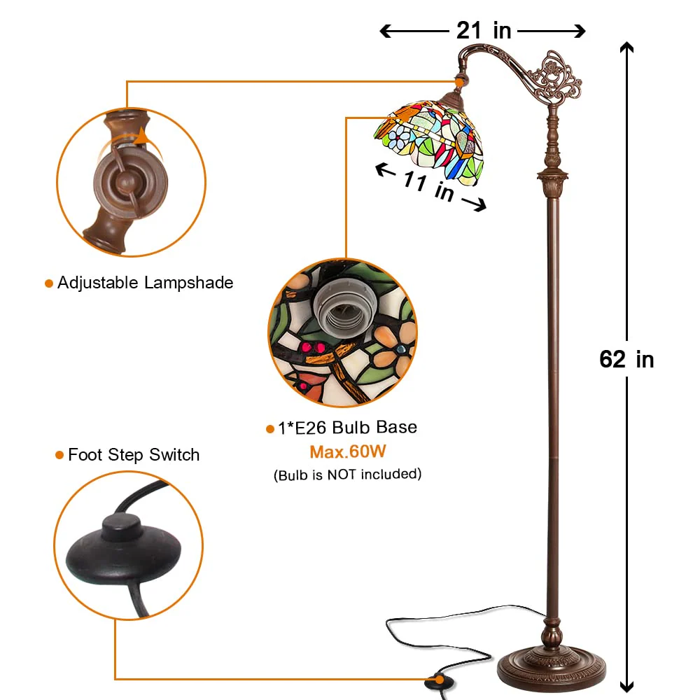 Capulina Tiffany Floor Lamp H62 Tall Antique Cardinal Birds Style Stained Glass Soft Light Arched Gooseneck Adjustable Angle Reading Floor Lamp for Living Room Bedroom - Image 5