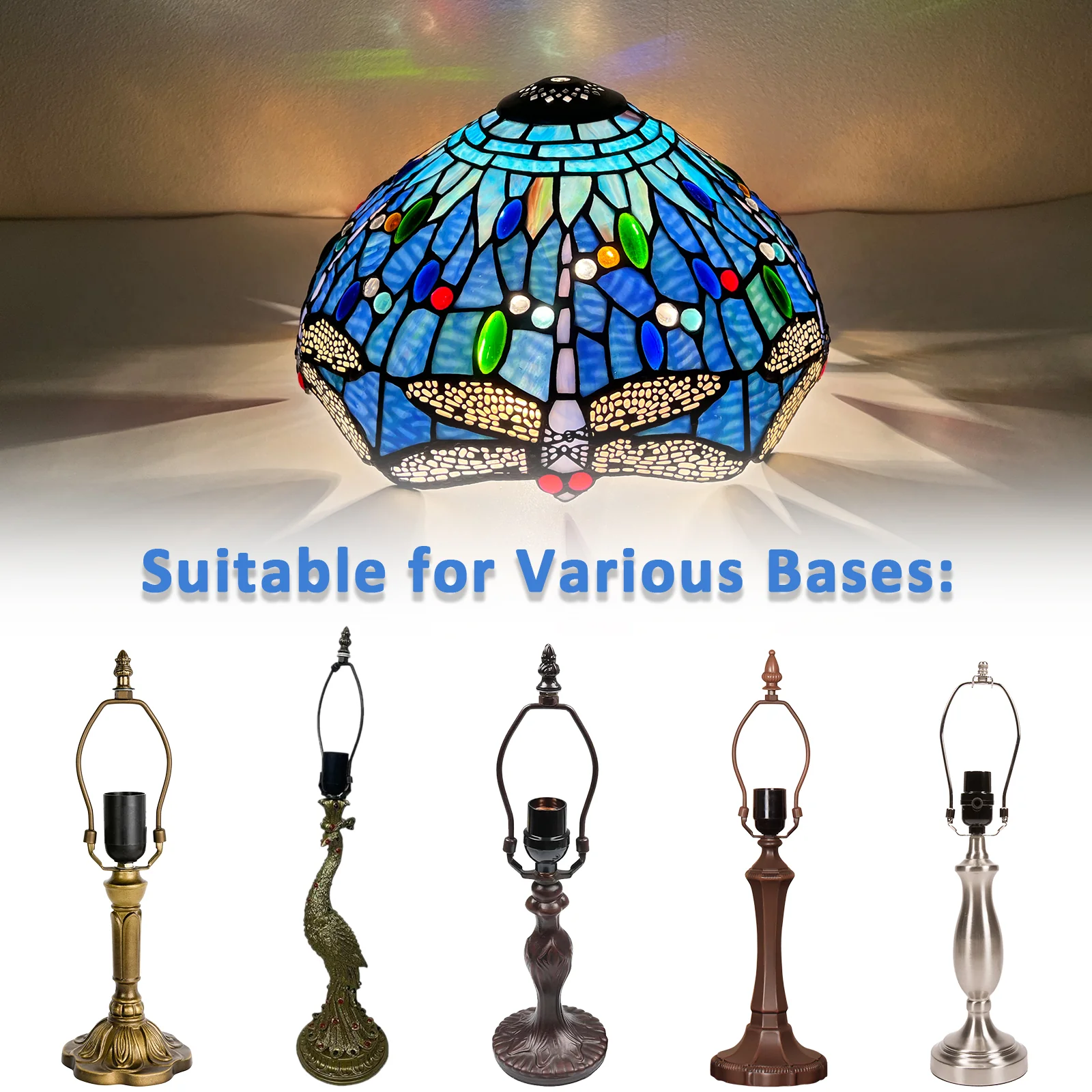 Capulina  Tiffany Lamp Shade 12 Inches Wide Accessories Replacement Blue Dragonfly Style Stained Glass Lampshade for Table Lamp - Image 5