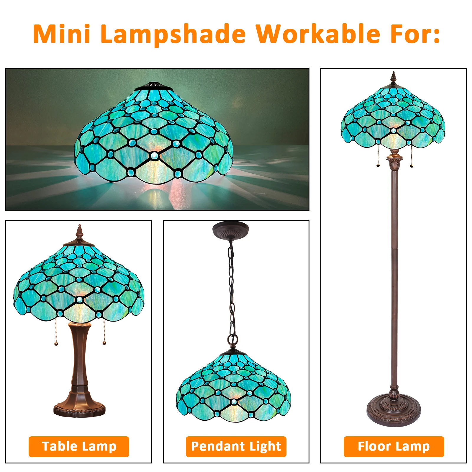 Capulina Tiffany Lamp Shade 16 Inches Wide Accessories Replacement Seagrass Blue Beads Style Stained Glass Lampshade for Table Lamp Floor Lamp - Image 5