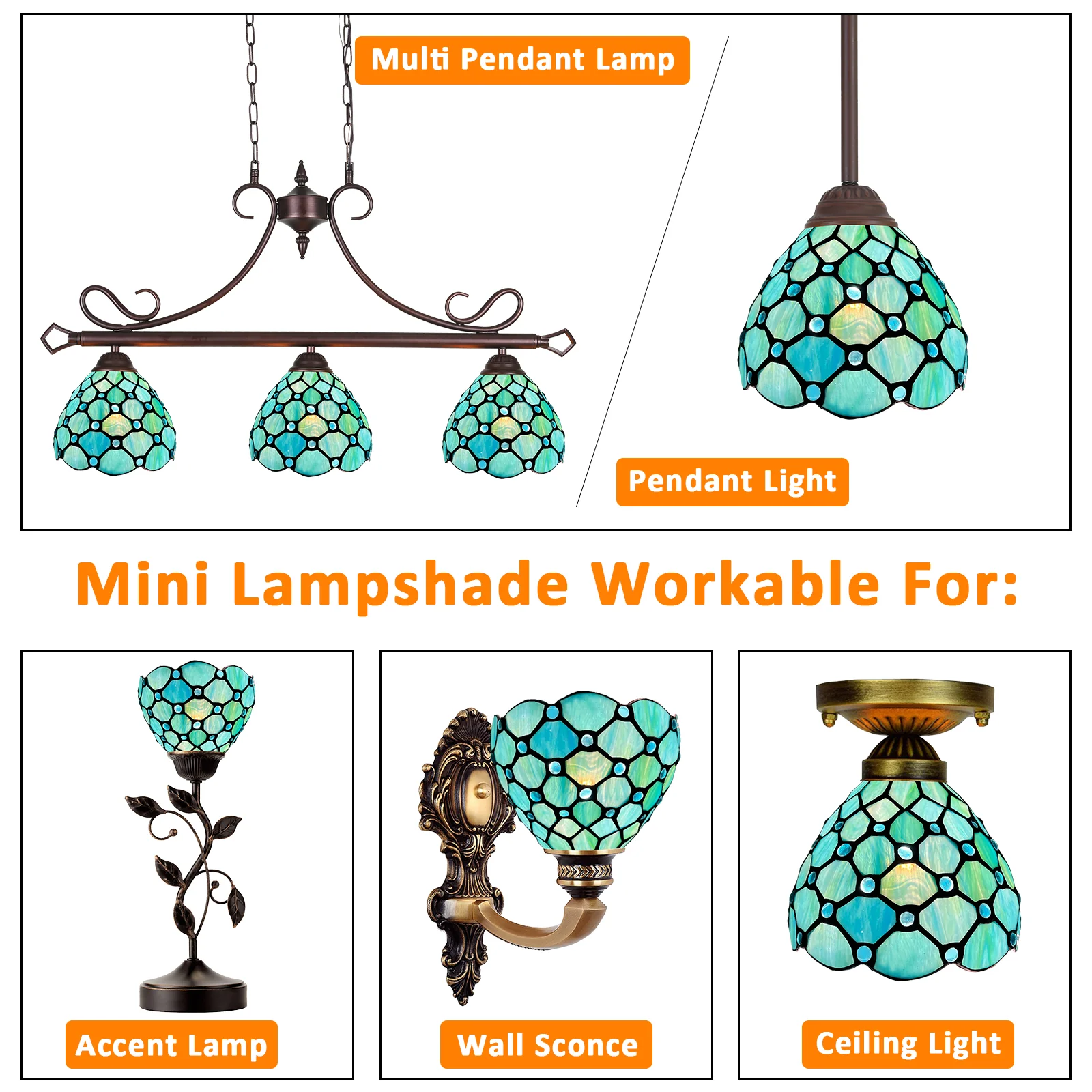 Capulina Tiffany Lamp Shade 7 Inches Wide Accessories Replacement Seagrass Blue Beads Style Stained Glass Lampshade for Hanging Lamp Pendant Light Chandelier Wall Sconces Accent Lamp - Image 4