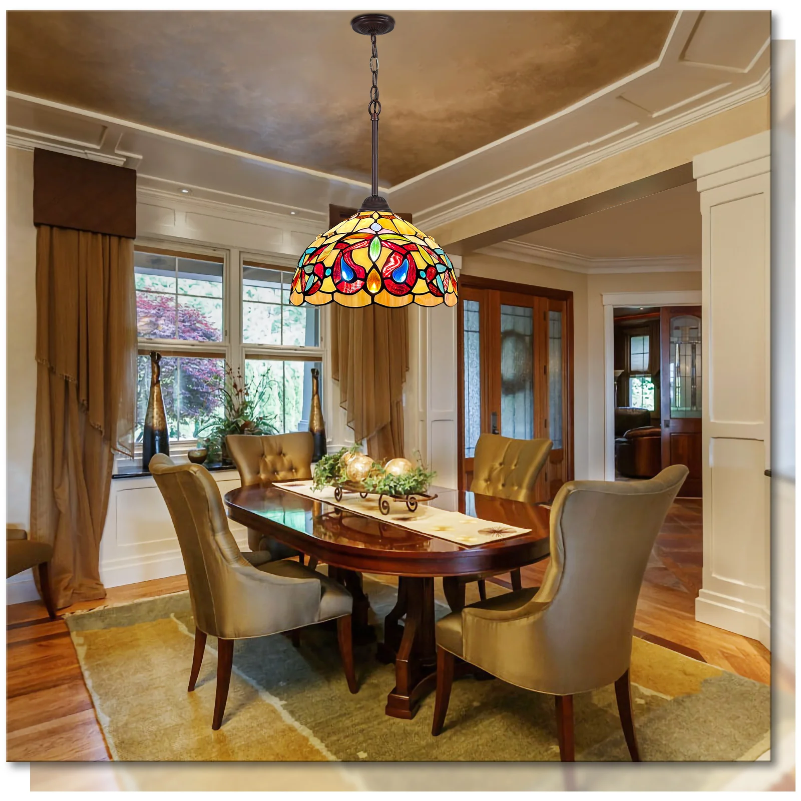 Capulina Tiffany Lamp Stained Glass Pendant Light 12 Inches Wide Cream Brown Victorian Tiffany Style Hanging Lamp for Kitchen Island Living Dining Room Hallway Home Office - Image 5