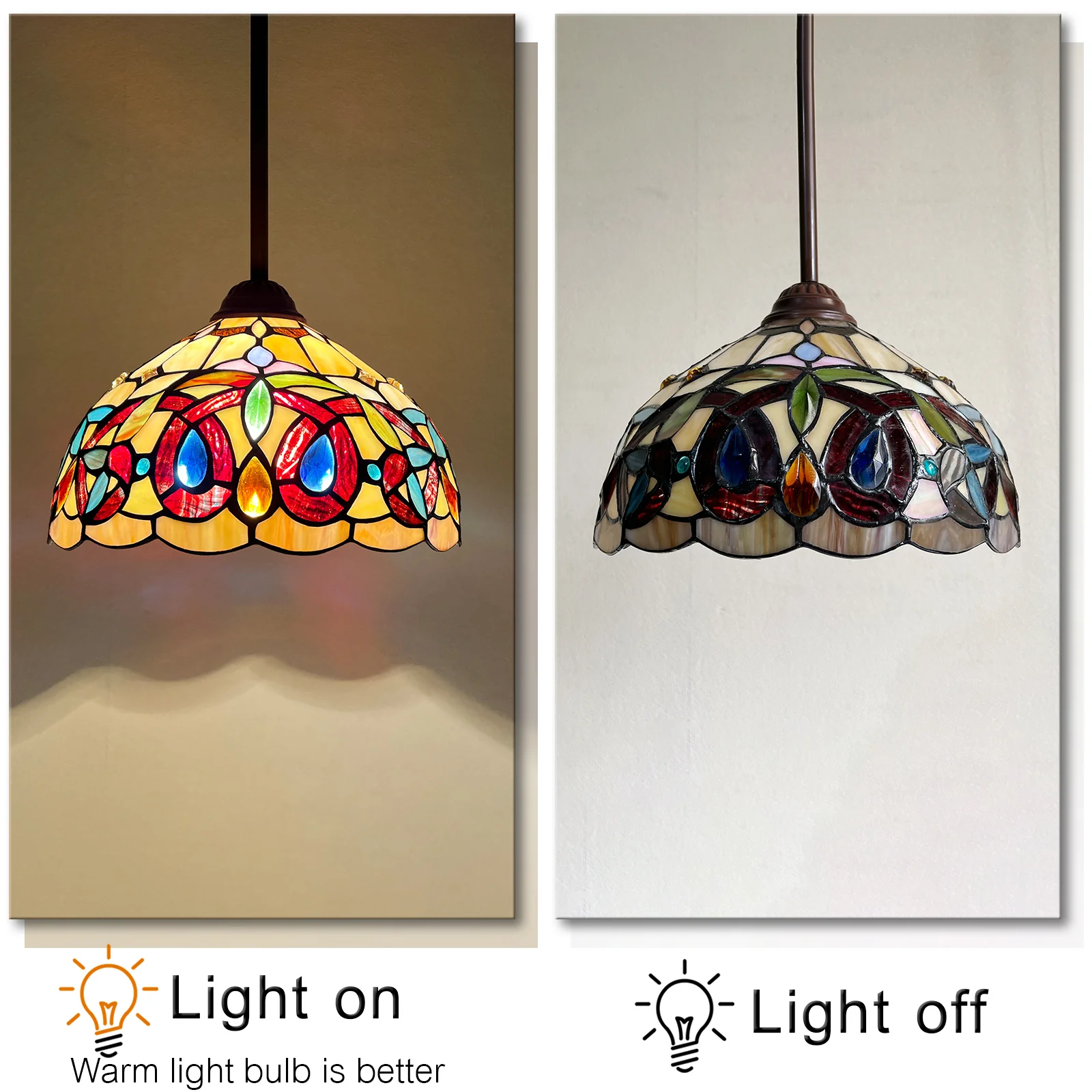Capulina Tiffany Lamp Stained Glass Pendant Light 12 Inches Wide Cream Brown Victorian Tiffany Style Hanging Lamp for Kitchen Island Living Dining Room Hallway Home Office - Image 6