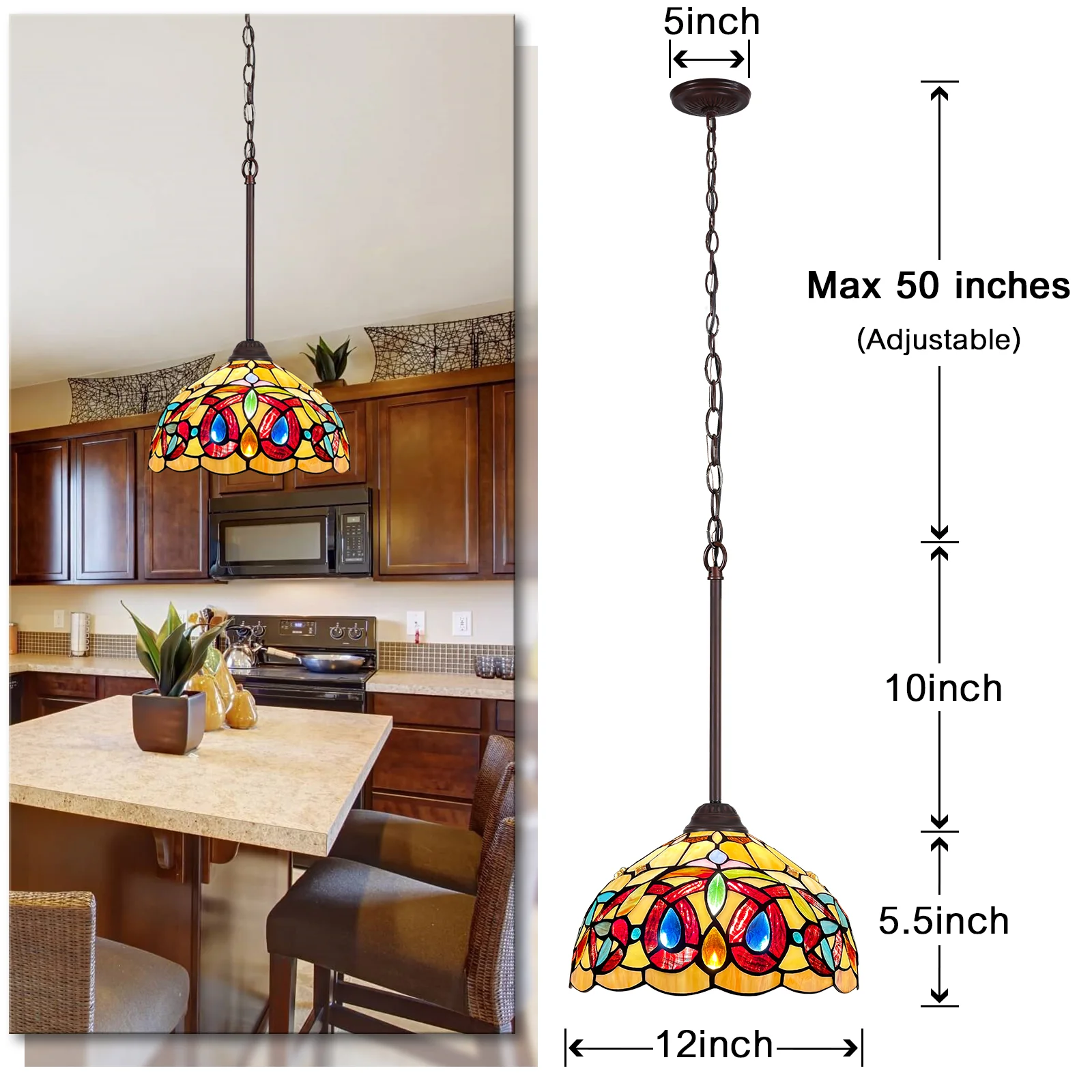Capulina Tiffany Lamp Stained Glass Pendant Light 12 Inches Wide Cream Brown Victorian Tiffany Style Hanging Lamp for Kitchen Island Living Dining Room Hallway Home Office - Image 7