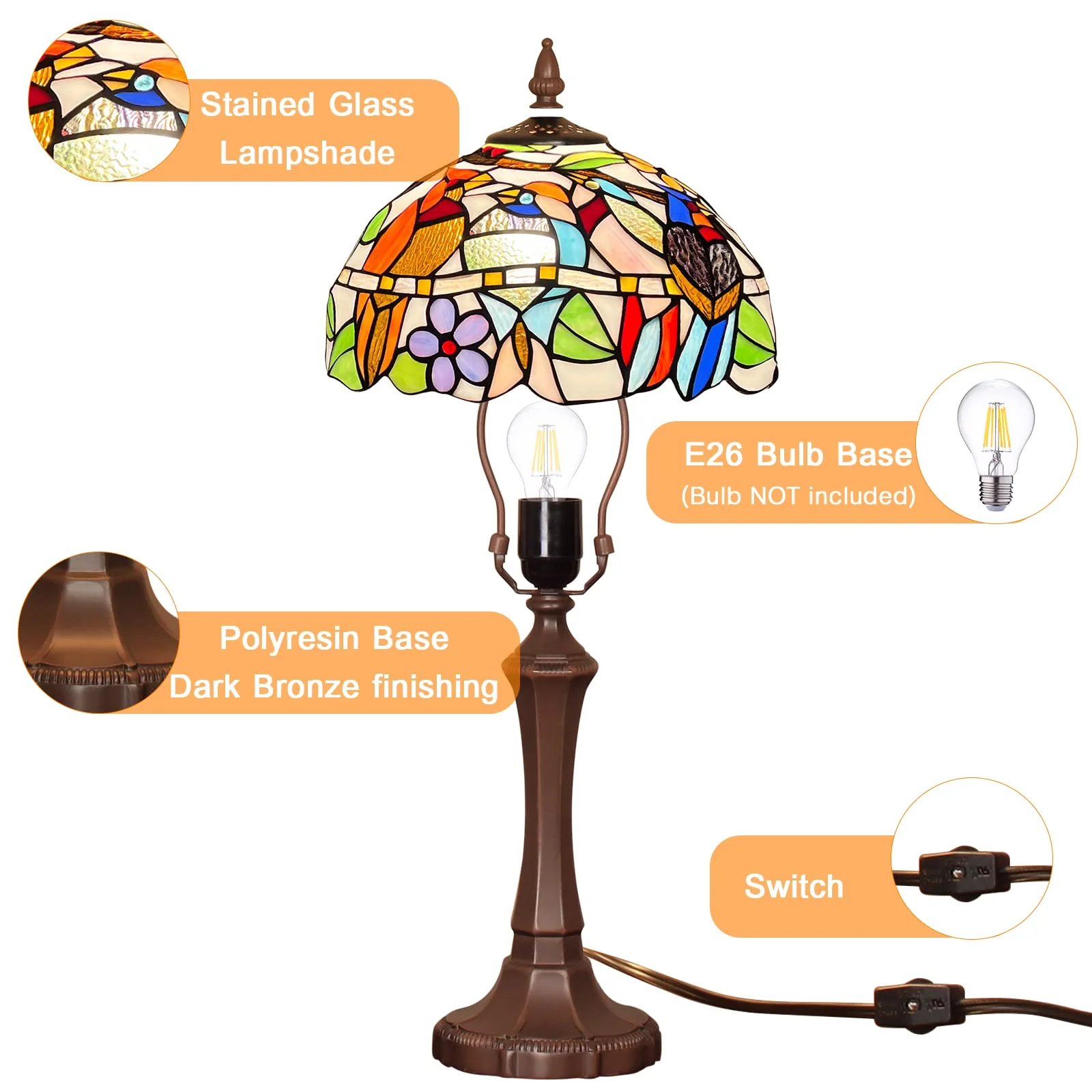 Capulina Tiffany Lamp Stained Glass Table Lamp 12x12x20 Inches Cardinal Birds Style Desk Reading Light Decor for Home Office Bedroom Living Room - Image 4