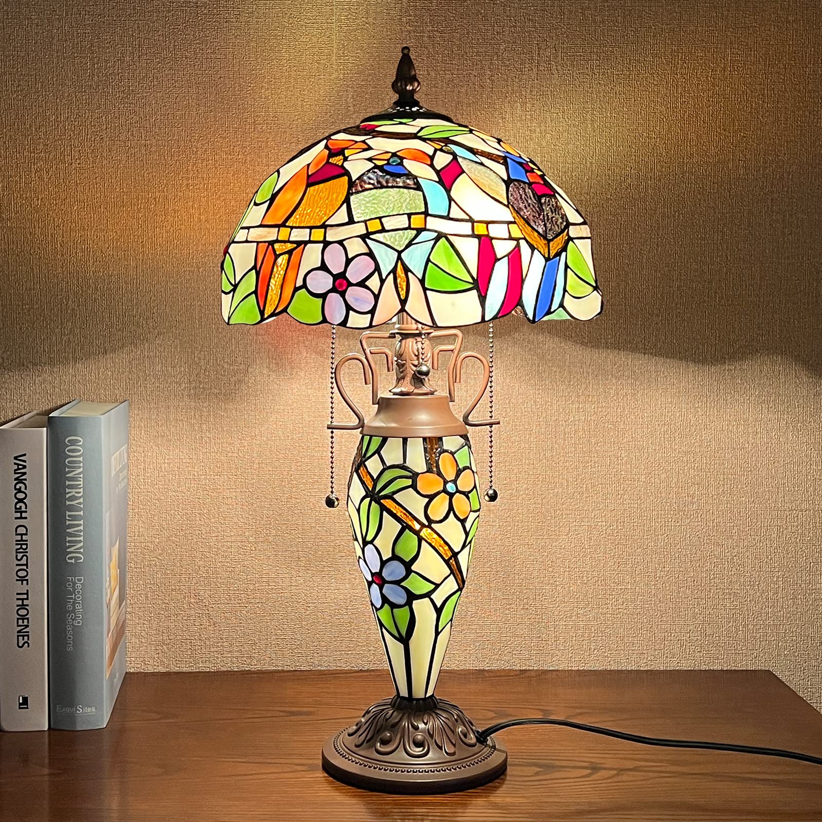 Capulina Tiffany Lamp Stained Glass Table Lamp 12x12x23 Inches 3-Light Cardinal Birds Mother-Daughter Vase Style Desk Reading Light Decor for Home Office Bedroom Living Room - Image 2