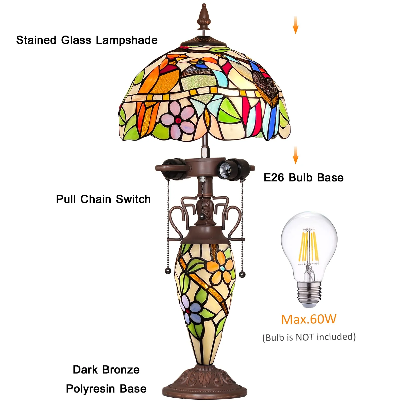 Capulina Tiffany Lamp Stained Glass Table Lamp 12x12x23 Inches 3-Light Cardinal Birds Mother-Daughter Vase Style Desk Reading Light Decor for Home Office Bedroom Living Room - Image 4