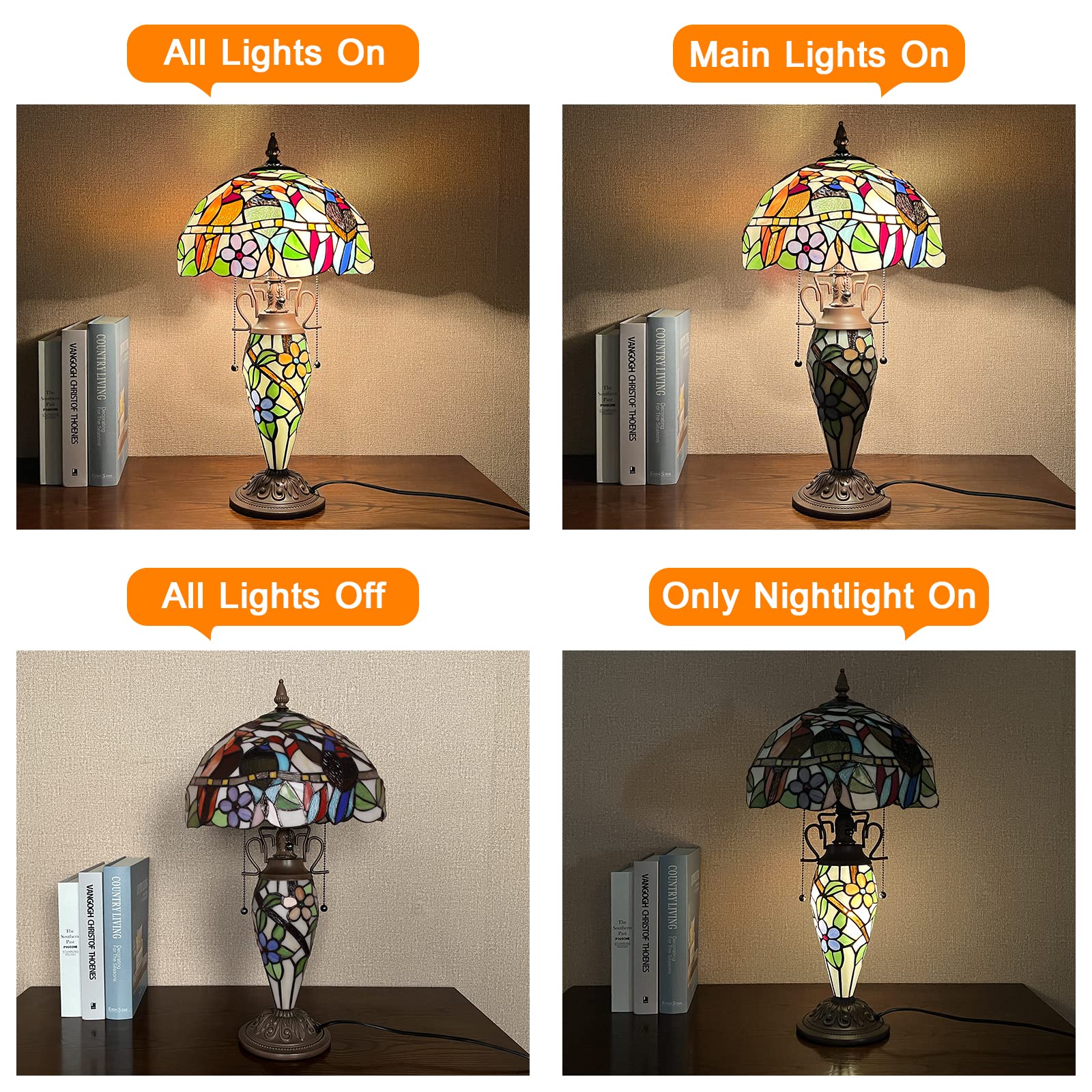 Capulina Tiffany Lamp Stained Glass Table Lamp 12x12x23 Inches 3-Light Cardinal Birds Mother-Daughter Vase Style Desk Reading Light Decor for Home Office Bedroom Living Room - Image 6