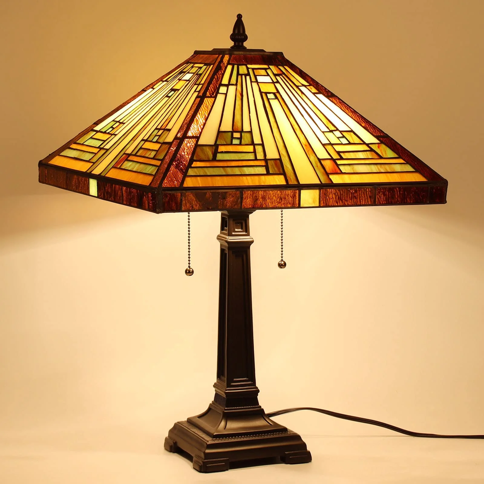 Capulina Tiffany Style Table Lamp Mission Style Tiffany Lamp 2-Light 16X16X24 Inches Amber Brown Stained Glass Desk Lamp Decor for Bedrooms Living Room Study Home Office - Image 3