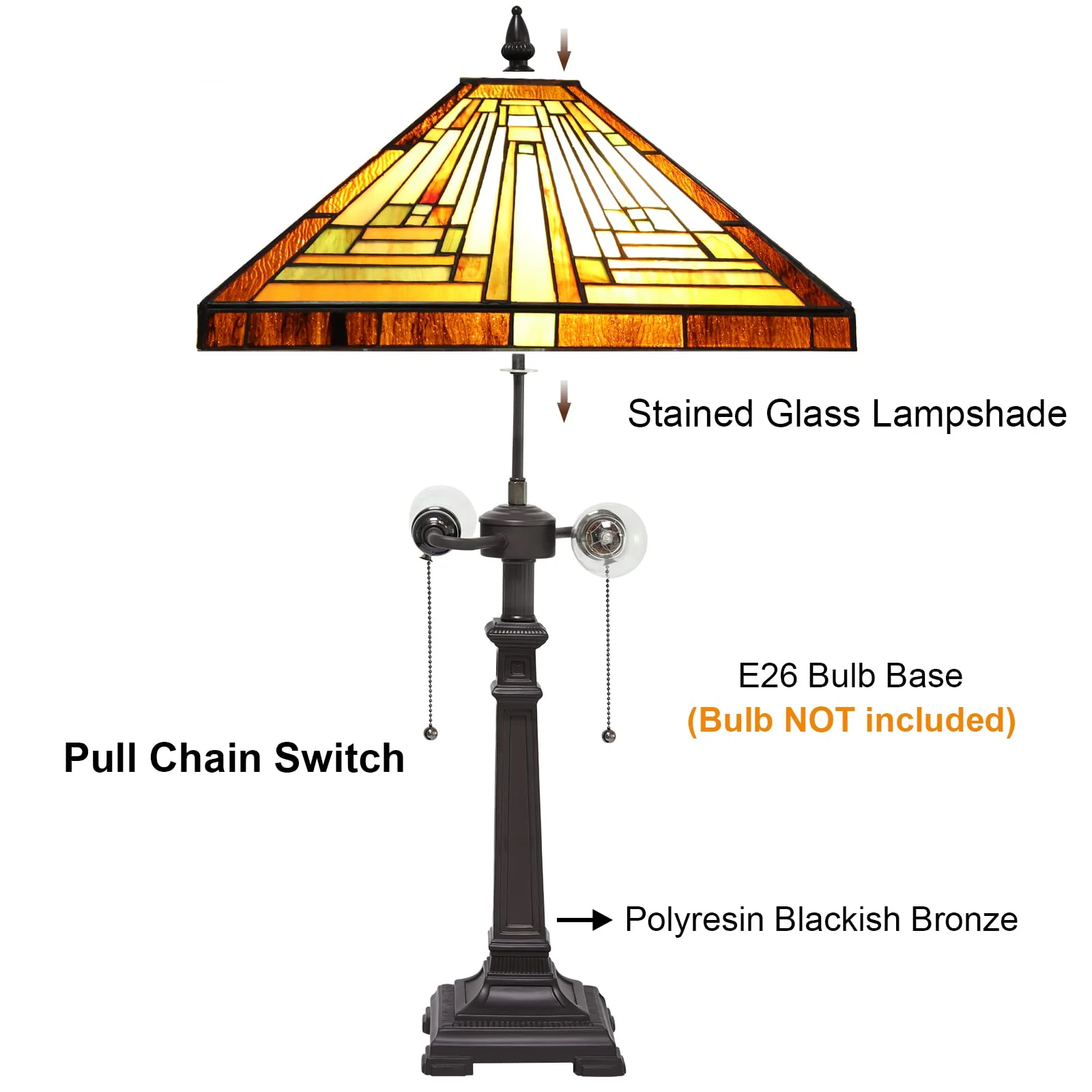 Capulina Tiffany Style Table Lamp Mission Style Tiffany Lamp 2-Light 16X16X24 Inches Amber Brown Stained Glass Desk Lamp Decor for Bedrooms Living Room Study Home Office - Image 5