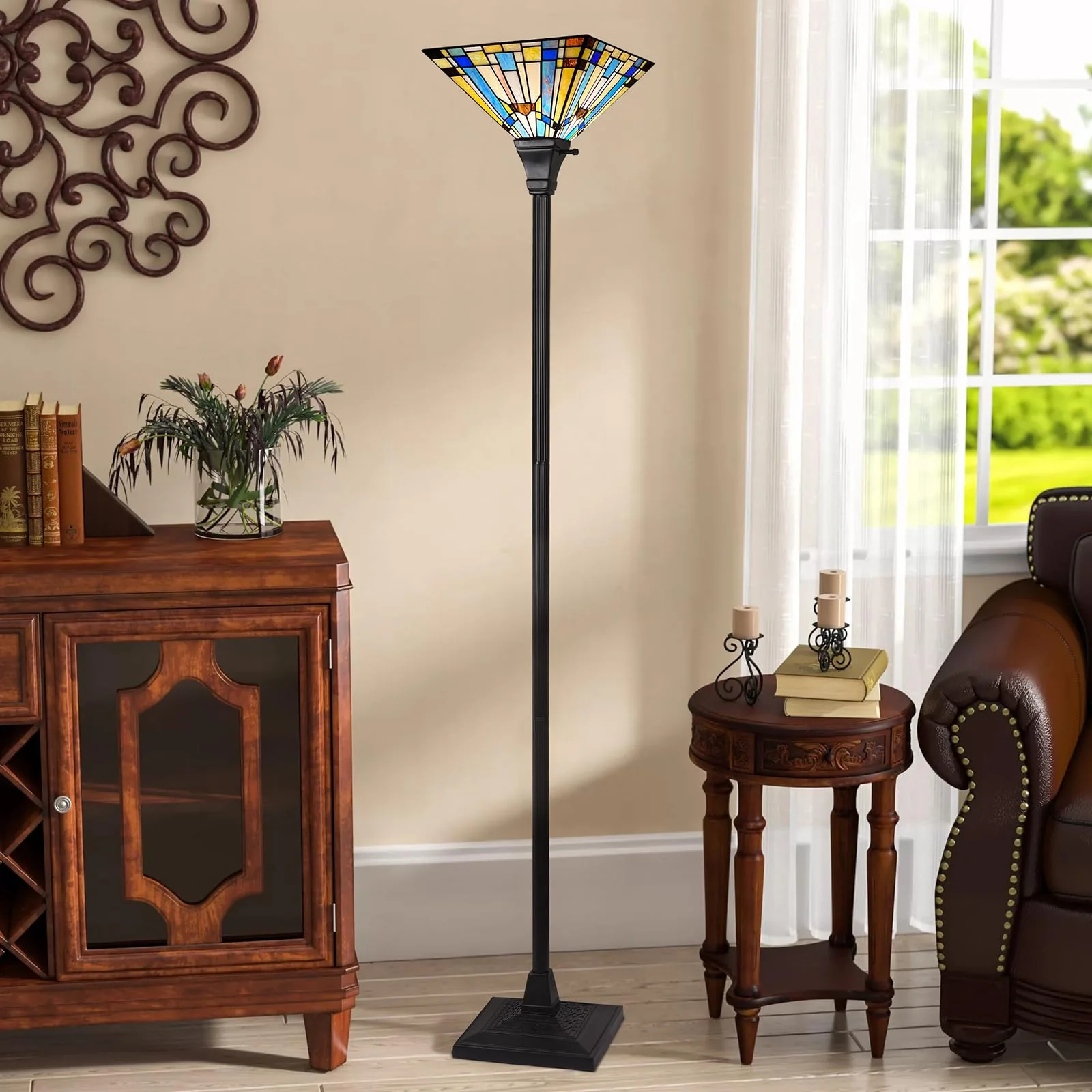 Capulina Tiffany Torchiere Floor Lamp 70 Inches Tall Industrial Pole Green Blue Mission Style Torch Standing Light for Living Room Bedroom Farmhouse Home Office - Image 4