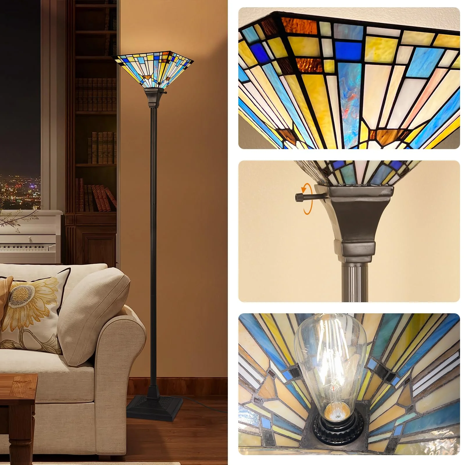 Capulina Tiffany Torchiere Floor Lamp 70 Inches Tall Industrial Pole Green Blue Mission Style Torch Standing Light for Living Room Bedroom Farmhouse Home Office - Image 5