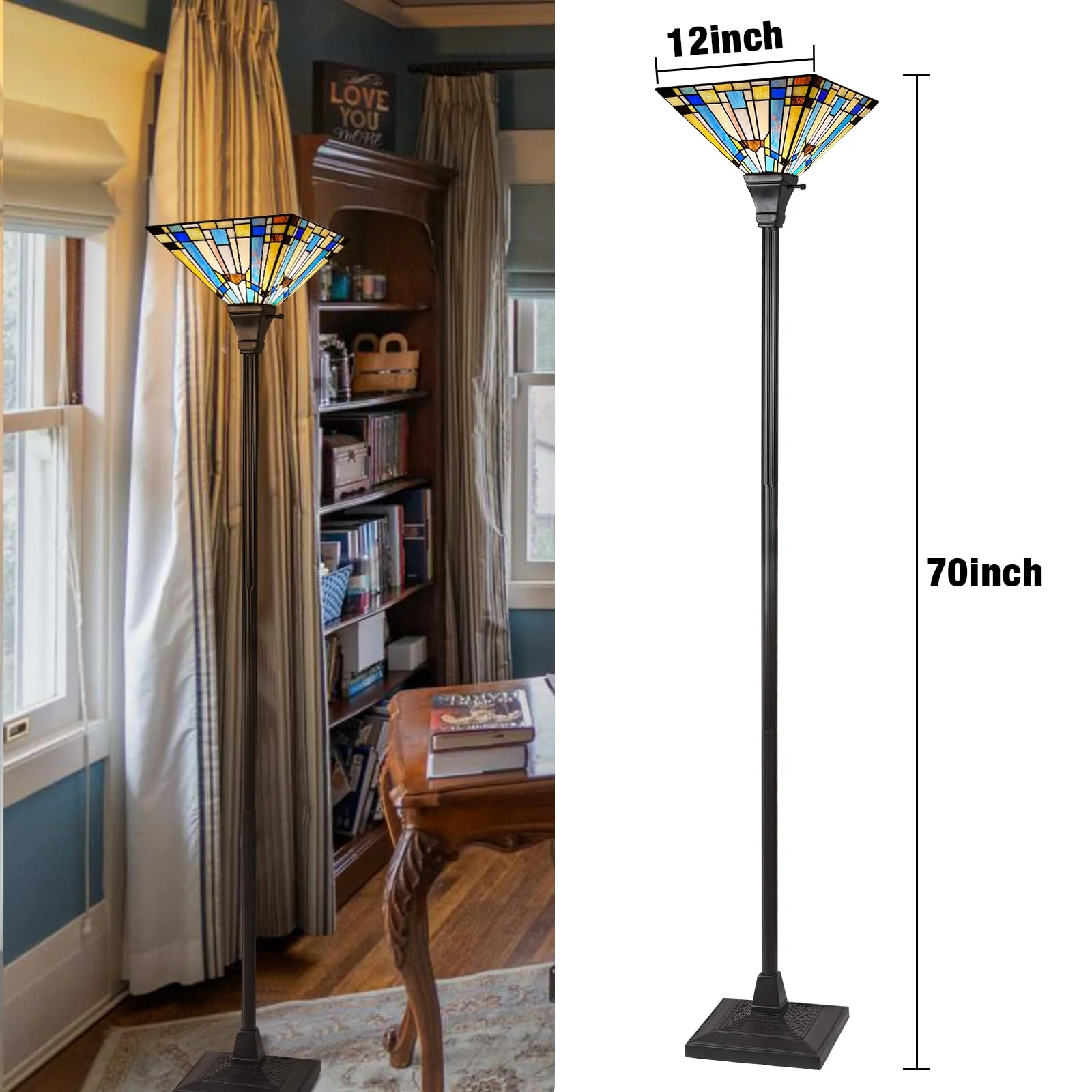 Capulina Tiffany Torchiere Floor Lamp 70 Inches Tall Industrial Pole Green Blue Mission Style Torch Standing Light for Living Room Bedroom Farmhouse Home Office - Image 6