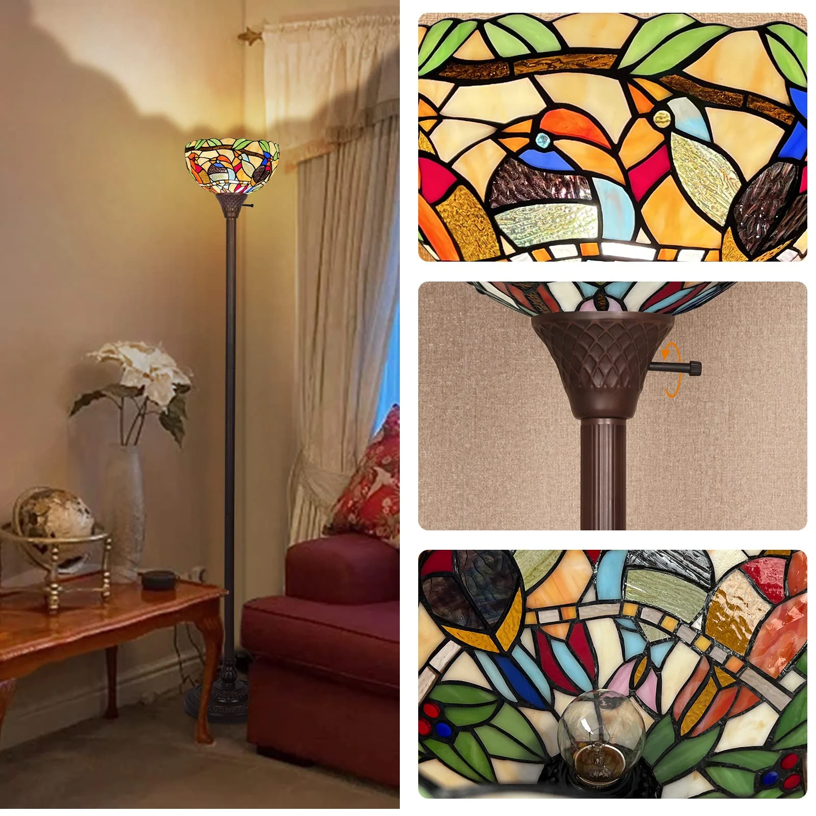 Capulina Tiffany Torchiere Floor Lamp 70 Tall Industrial Blackish Bronze Pole Cardinal Birds Style Stained Glass Torch Standing Light Decor for Living Room Bedroom Office - Image 5