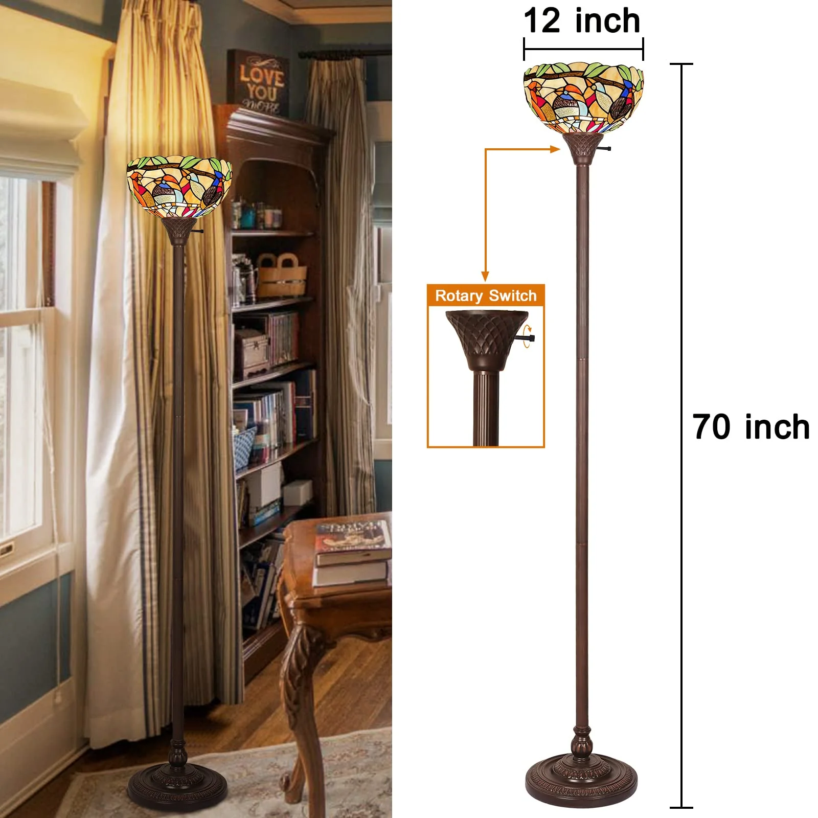 Capulina Tiffany Torchiere Floor Lamp 70 Tall Industrial Blackish Bronze Pole Cardinal Birds Style Stained Glass Torch Standing Light Decor for Living Room Bedroom Office - Image 6