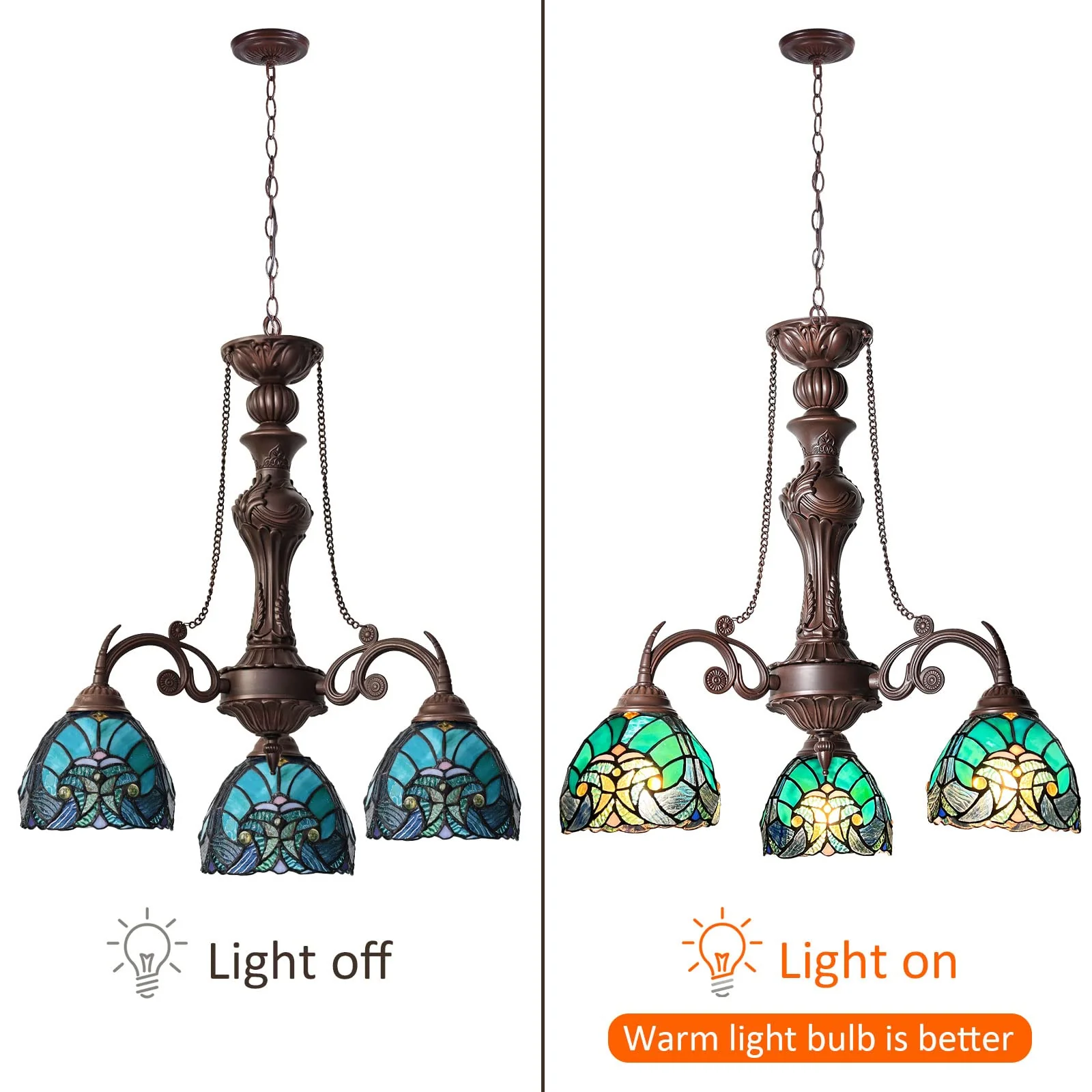 COTOSS Tiffany Chandelier for Dining Room 3 Lights Stained Glass Chandeliers Lighting Fixtures Antique Style Ceiling Hanging Lamp for Kitchen Dinning Area Sitting Room Foyer - Image 7