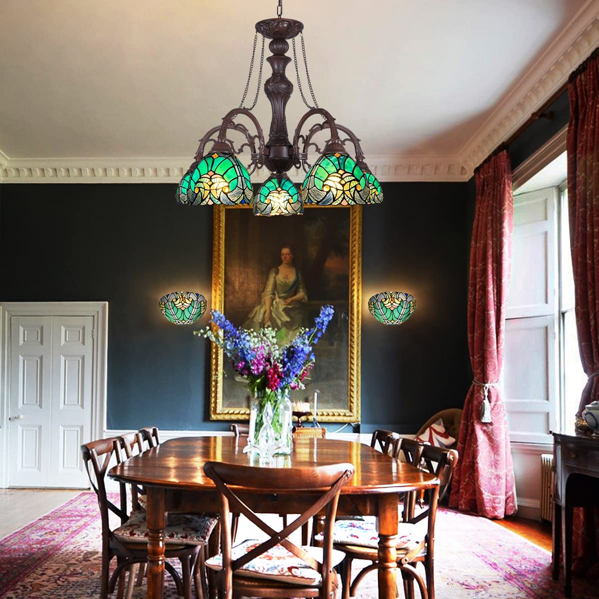 COTOSS Tiffany Chandelier for Dining Room 5 Lights Stained Glass Chandeliers Lighting Fixtures Antique Style Ceiling Hanging Lamp for Kitchen Living Room Lobby - Image 3