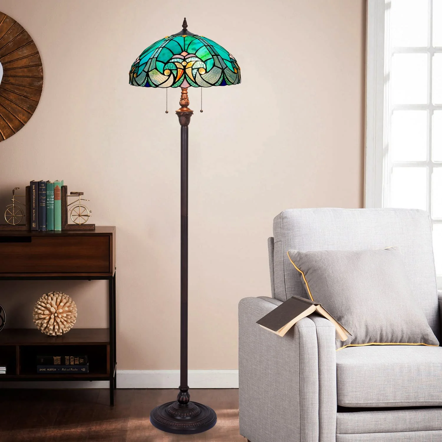 COTOSS Tiffany Floor Lamp,Stained Glass Lamp Shade,Vintage Antique Style Standing Double Light for Living Room & Bedroom - Image 4