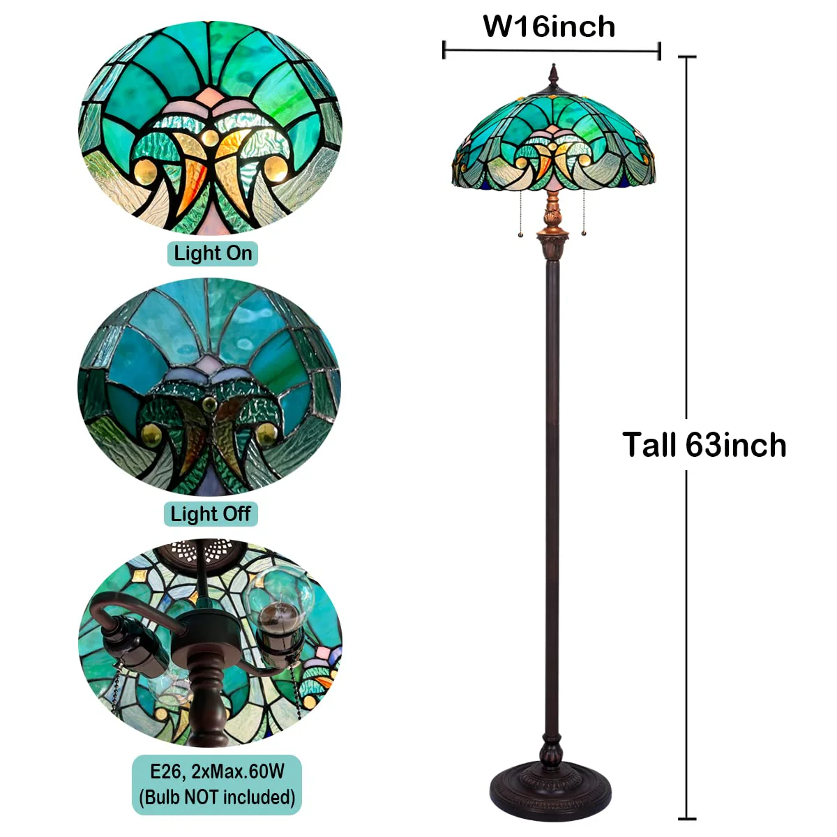 COTOSS Tiffany Floor Lamp,Stained Glass Lamp Shade,Vintage Antique Style Standing Double Light for Living Room & Bedroom - Image 5
