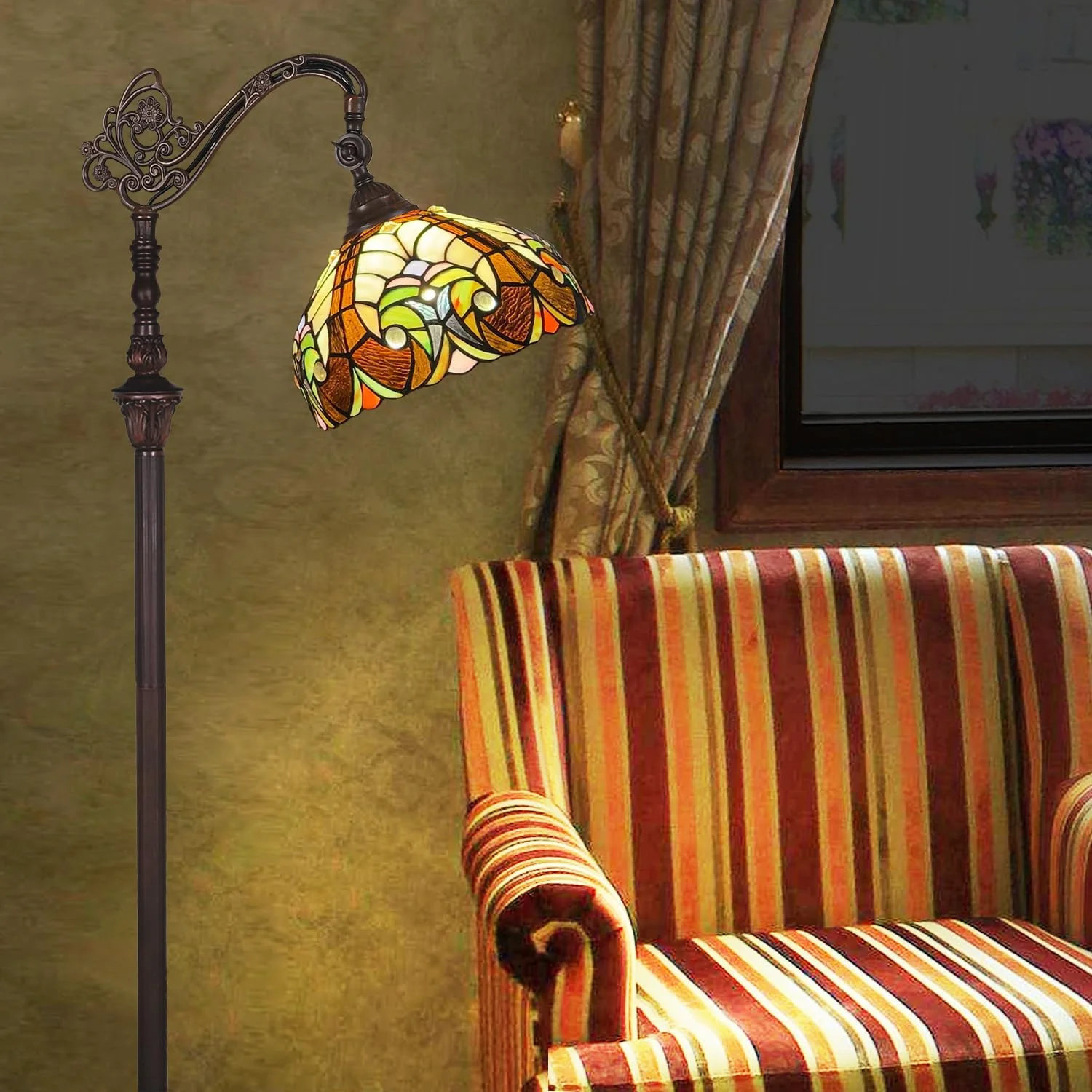 COTOSS Tiffany Reading Floor Lamp,Stained Glass Gooseneck Floor Light for Reading,Antique Style Arched Tall Standing Lamp for Living Room Bedroom and Office - Image 3