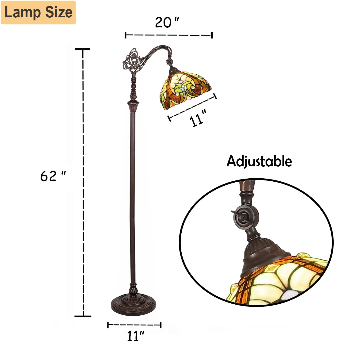 COTOSS Tiffany Reading Floor Lamp,Stained Glass Gooseneck Floor Light for Reading,Antique Style Arched Tall Standing Lamp for Living Room Bedroom and Office - Image 5
