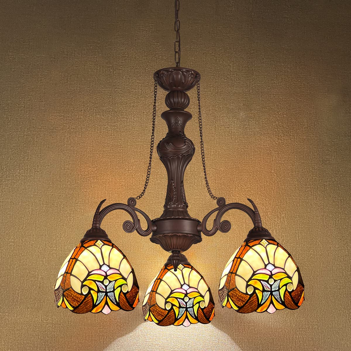 COTOSS Tiffany Hanging Chandeliers for Dining Room 3 Lights Stained Glass Kitchen Lighting Fixtures Antique Style Ceiling Pendant Lamp for Living Room Foyer Entryway Visit the COTOSS Store - Image 2
