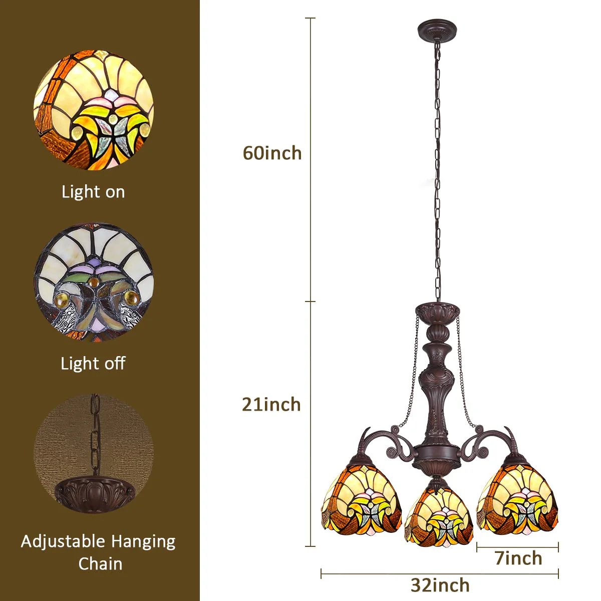 COTOSS Tiffany Hanging Chandeliers for Dining Room 3 Lights Stained Glass Kitchen Lighting Fixtures Antique Style Ceiling Pendant Lamp for Living Room Foyer Entryway Visit the COTOSS Store - Image 6