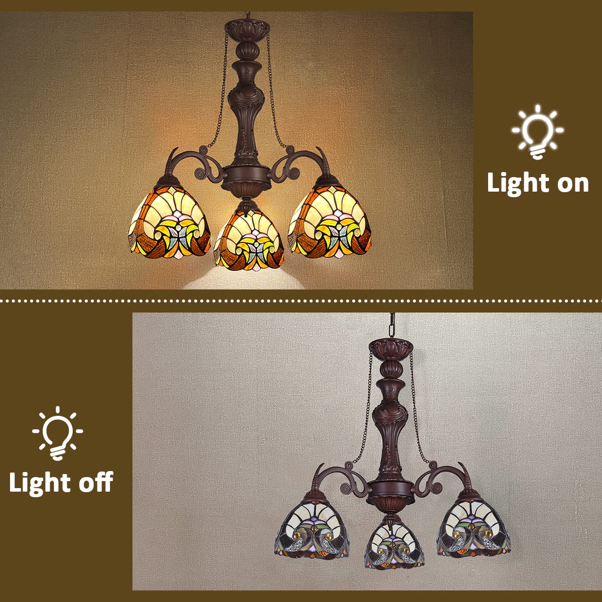 COTOSS Tiffany Hanging Chandeliers for Dining Room 3 Lights Stained Glass Kitchen Lighting Fixtures Antique Style Ceiling Pendant Lamp for Living Room Foyer Entryway Visit the COTOSS Store - Image 7