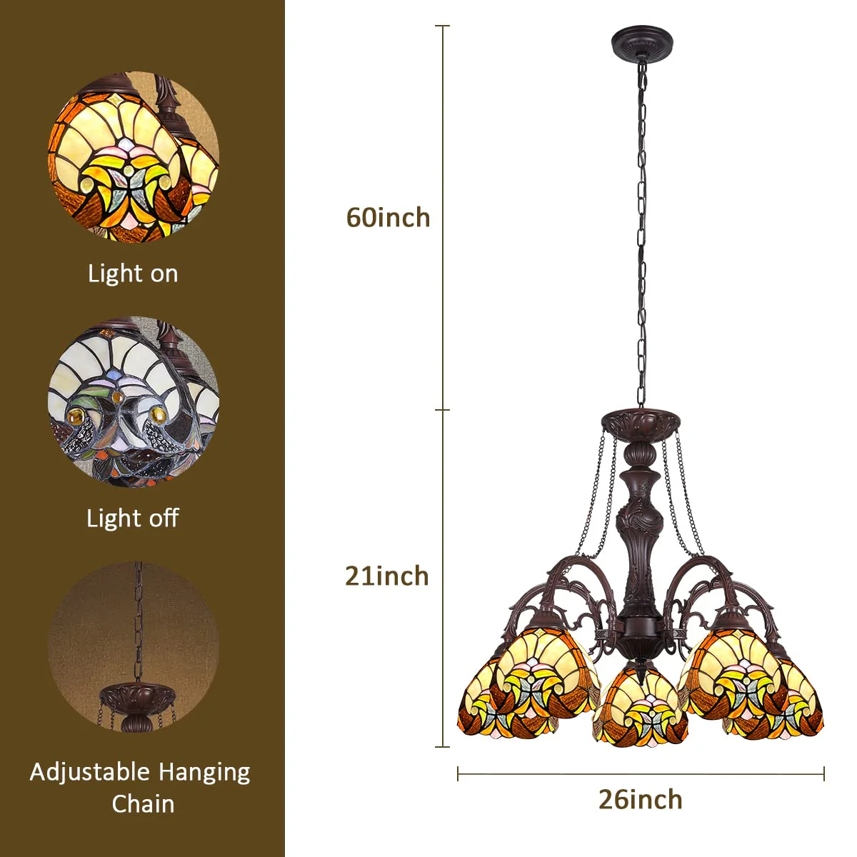 COTOSS Tiffany Hanging Chandeliers for Dining Room 5 Lights Stained Glass Kitchen Lighting Fixtures Antique Style Ceiling Pendant Lamp for Living Room Lobby Entryway - Image 6