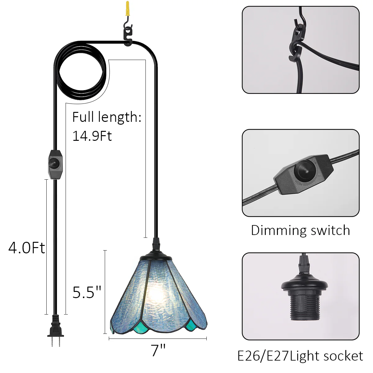 Cotoss Tiffany Pendant Light 1 - Light7 inch hanging pendant plug in Pendant,Perfect for a bedroom nightstand - Image 12